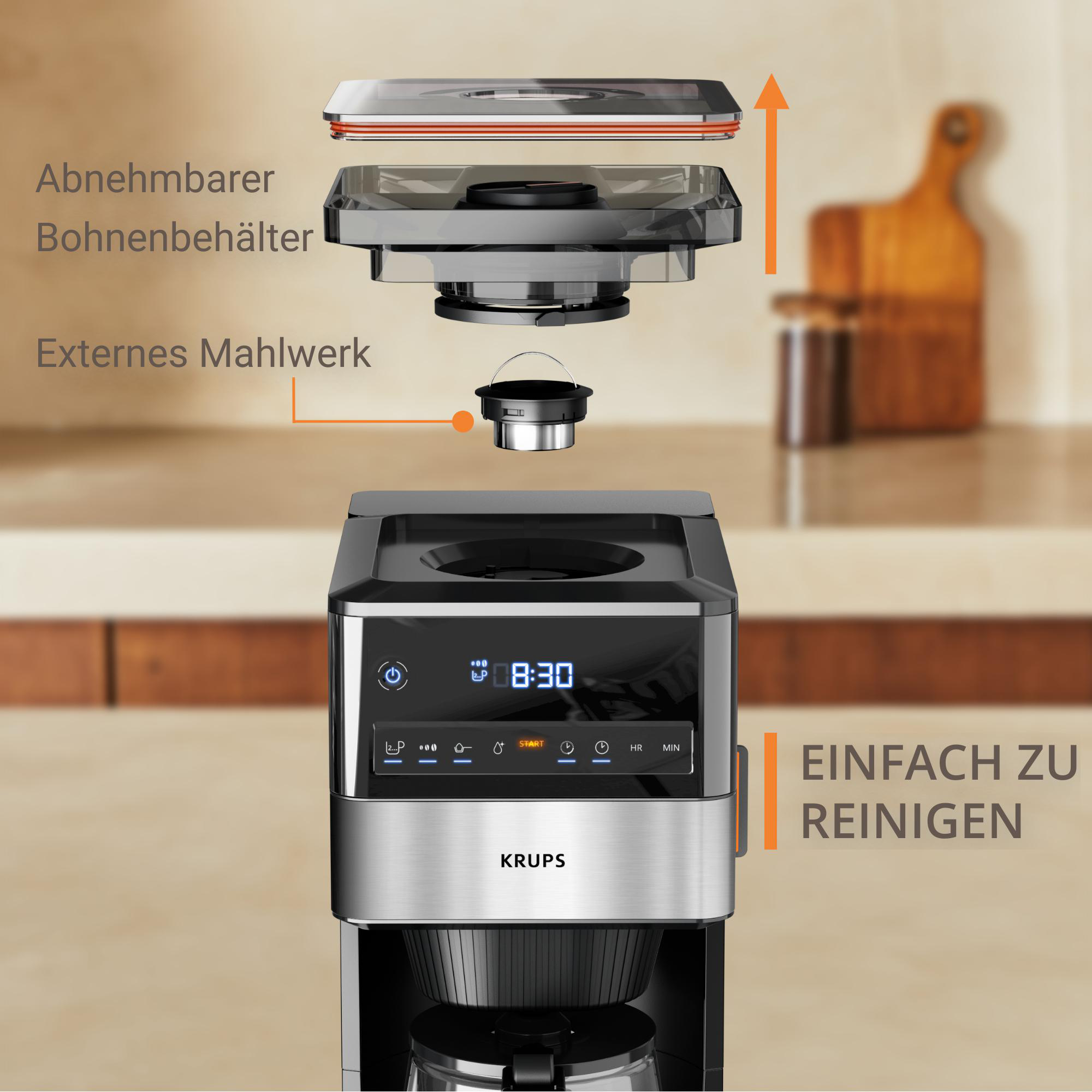 Eine Kaffeemaschine mit getrennten Teilen und Anweisungen. Worte: 'Einfach zu Reinigen'.