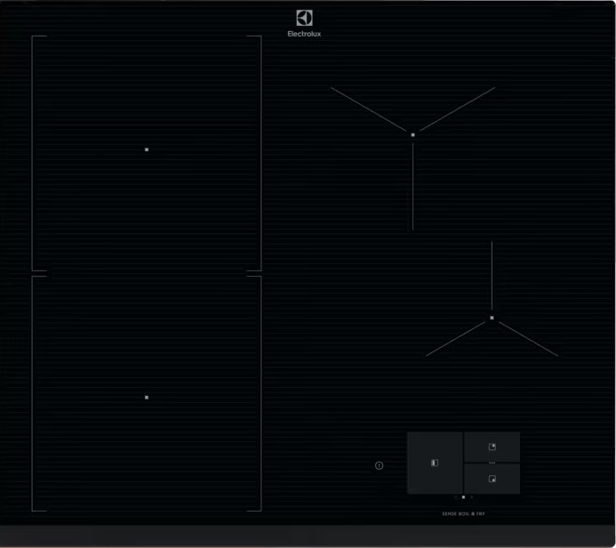 Czarna płyta indukcyjna z czterema strefami gotowania. Cztery białe kropki wskazują strefy.