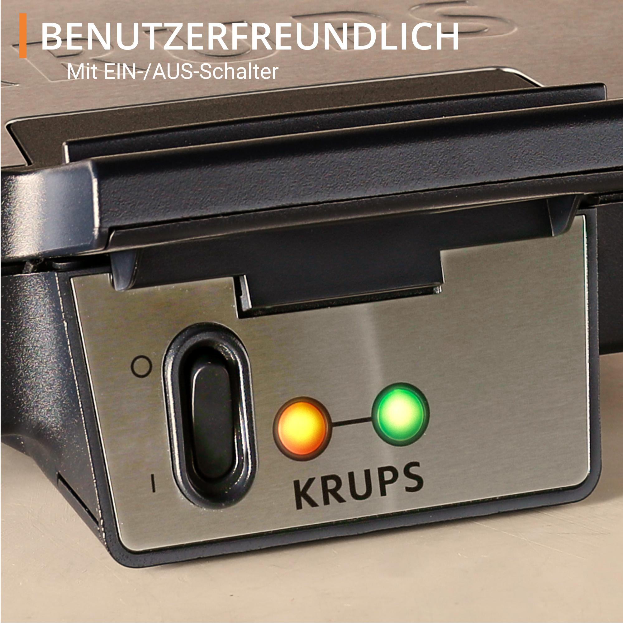 Waffeleisen mit Ein/Aus-Schalter und Kontrollleuchten.