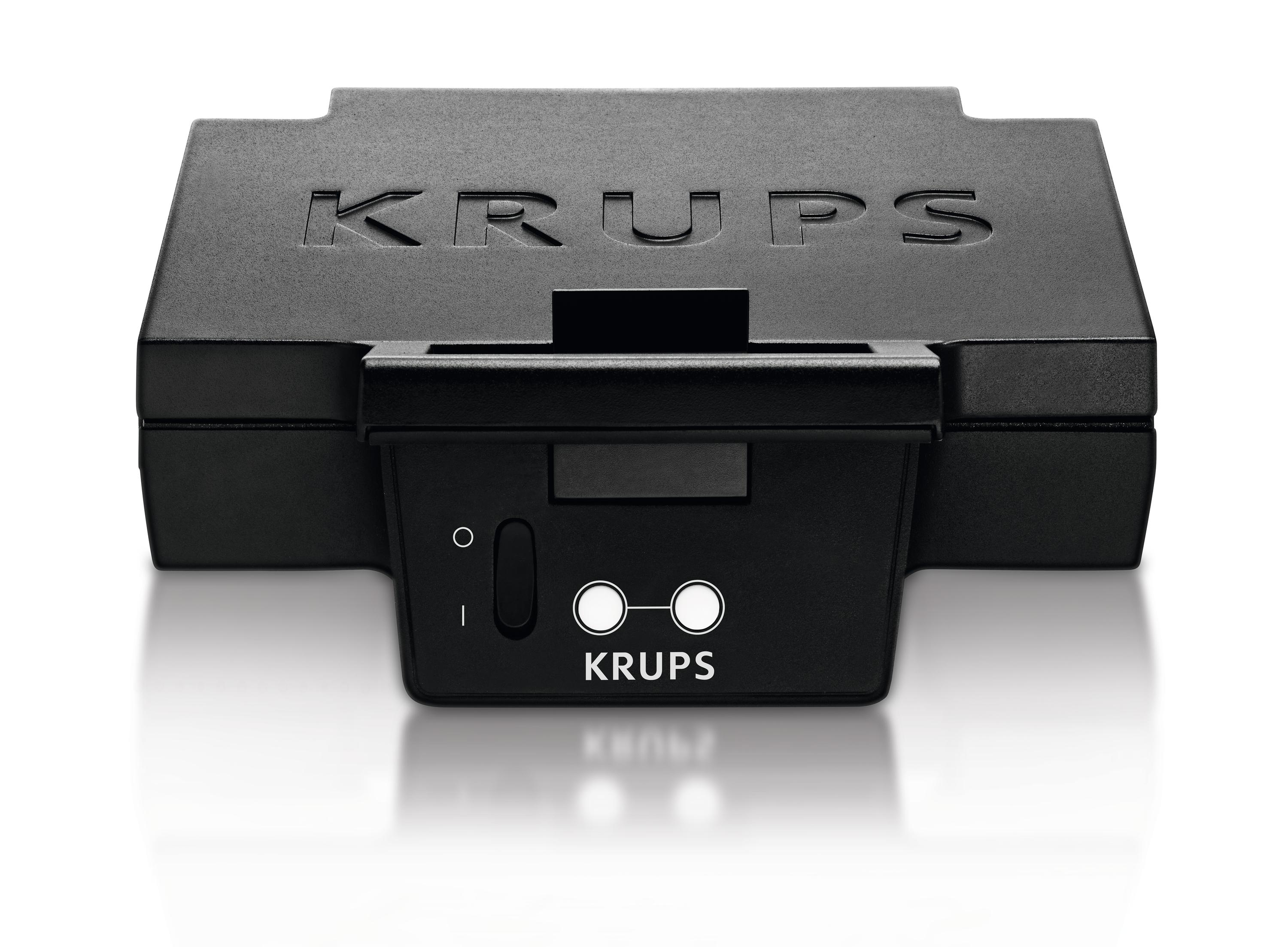 Schwarzer Krups Waffeleisen, geschlossen, mit Krups-Logo und Knöpfen.