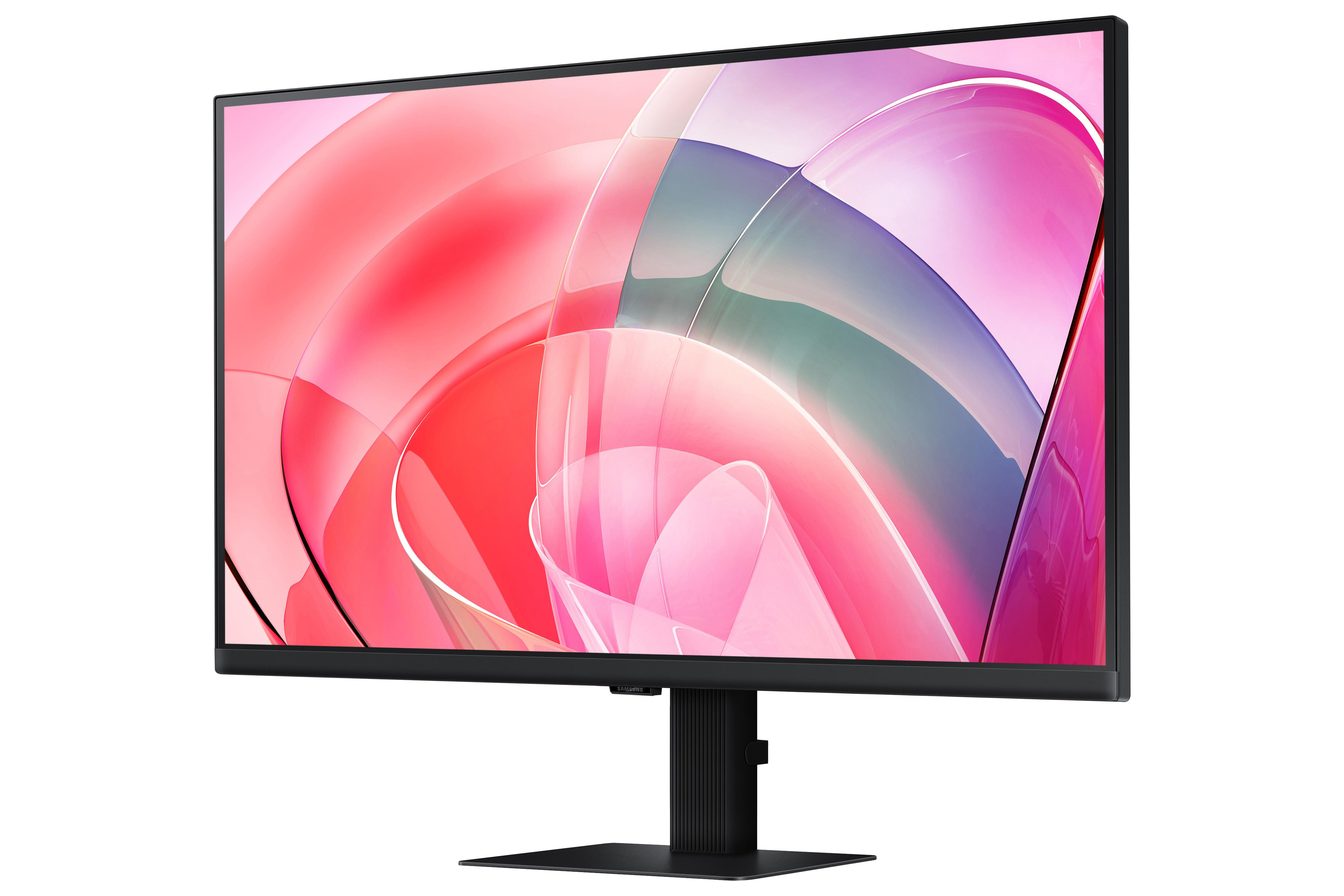 Ein schwarzer Computermonitor zeigt einen Bildschirm mit einer farbenfrohen, abstrakten Grafik.