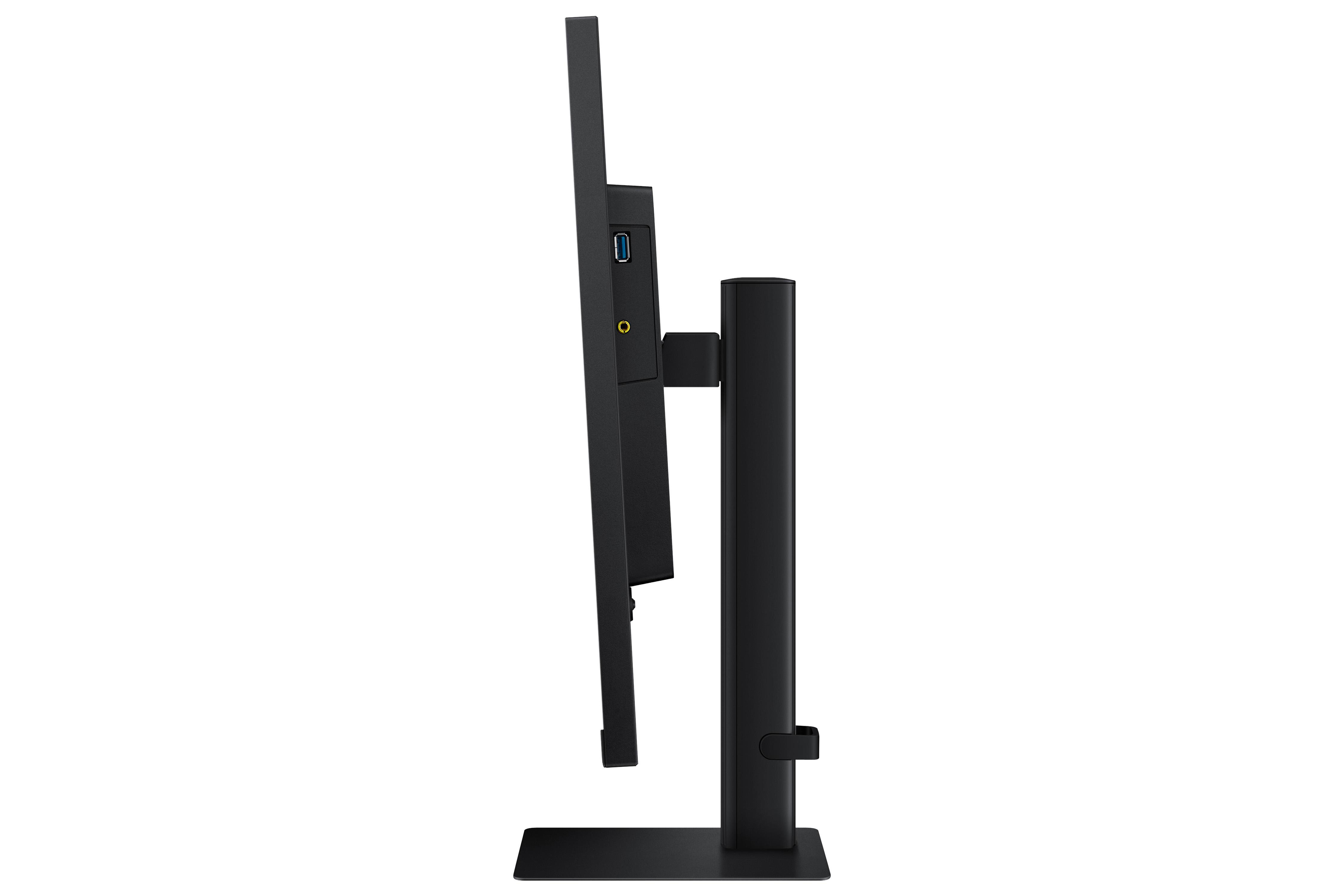 Seitenansicht eines schwarzen Monitors. Er hat einen USB-Anschluss und einen Kopfhöreranschluss. Der Fuß ist schwarz.