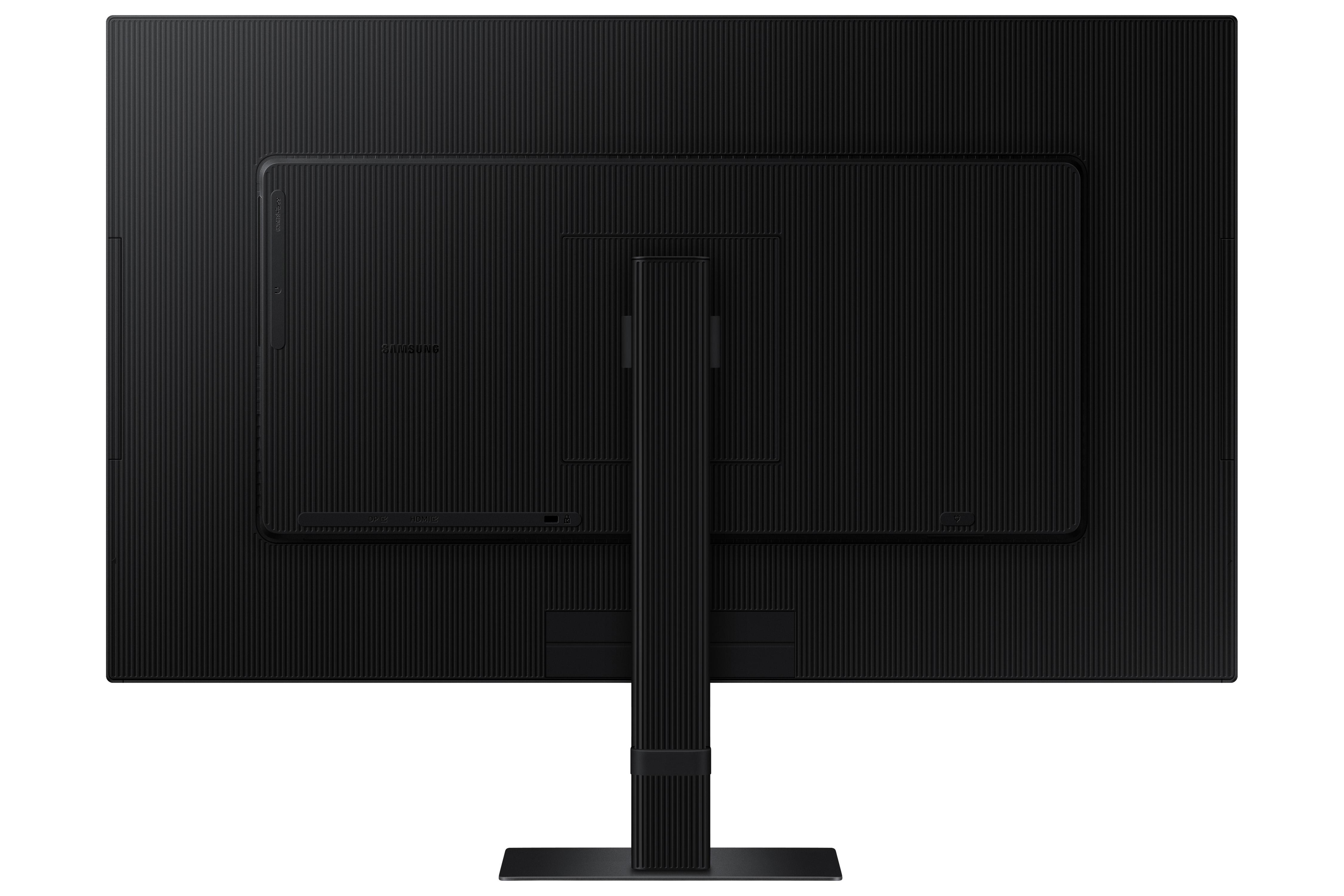 Rückseite des schwarzen Monitors mit vertikalen Linien, Samsung-Logo und Ständer.