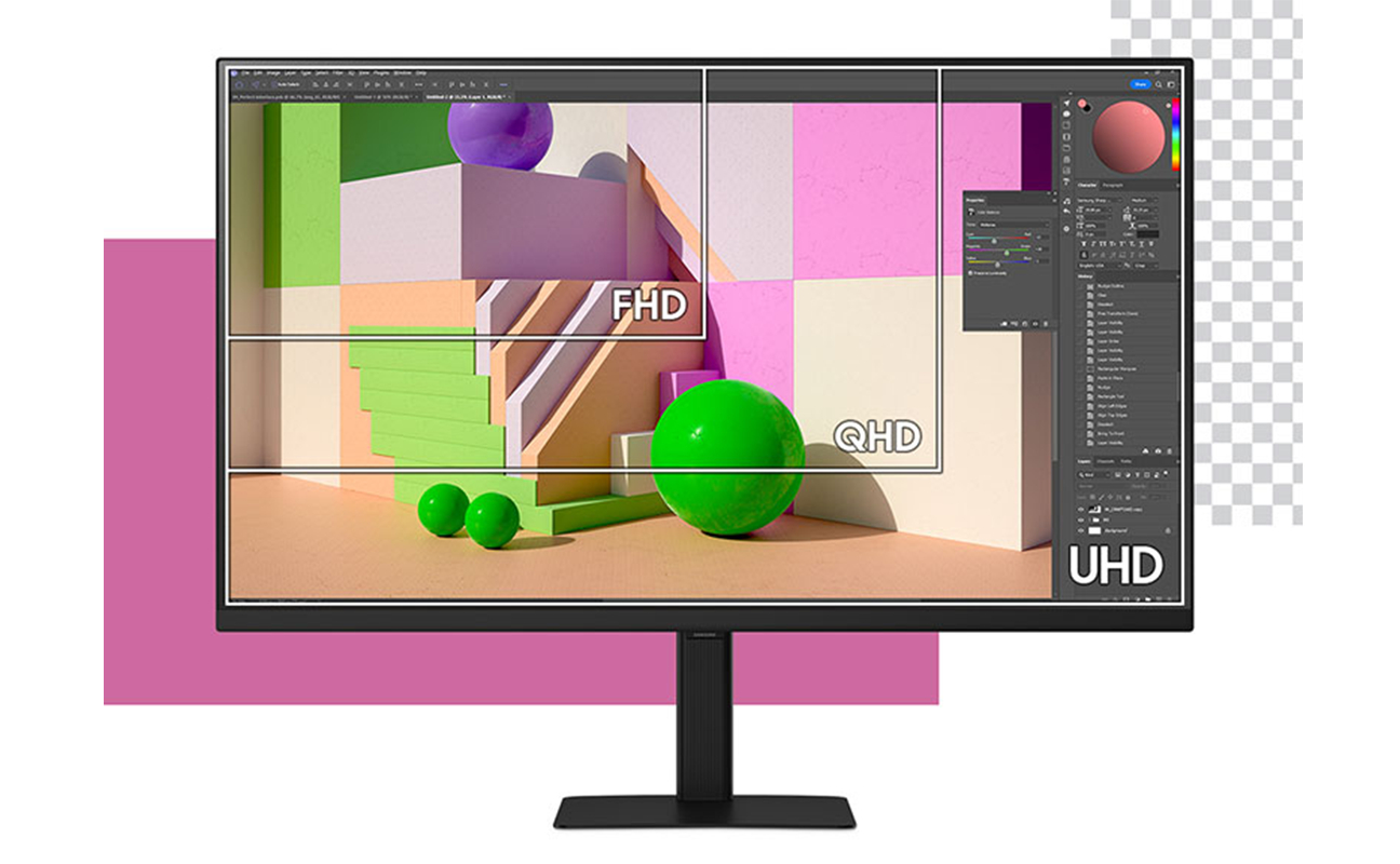 Ein Computermonitor, der eine Designoberfläche anzeigt. Der Bildschirm ist in Abschnitte unterteilt, mit einer grünen Kugel.