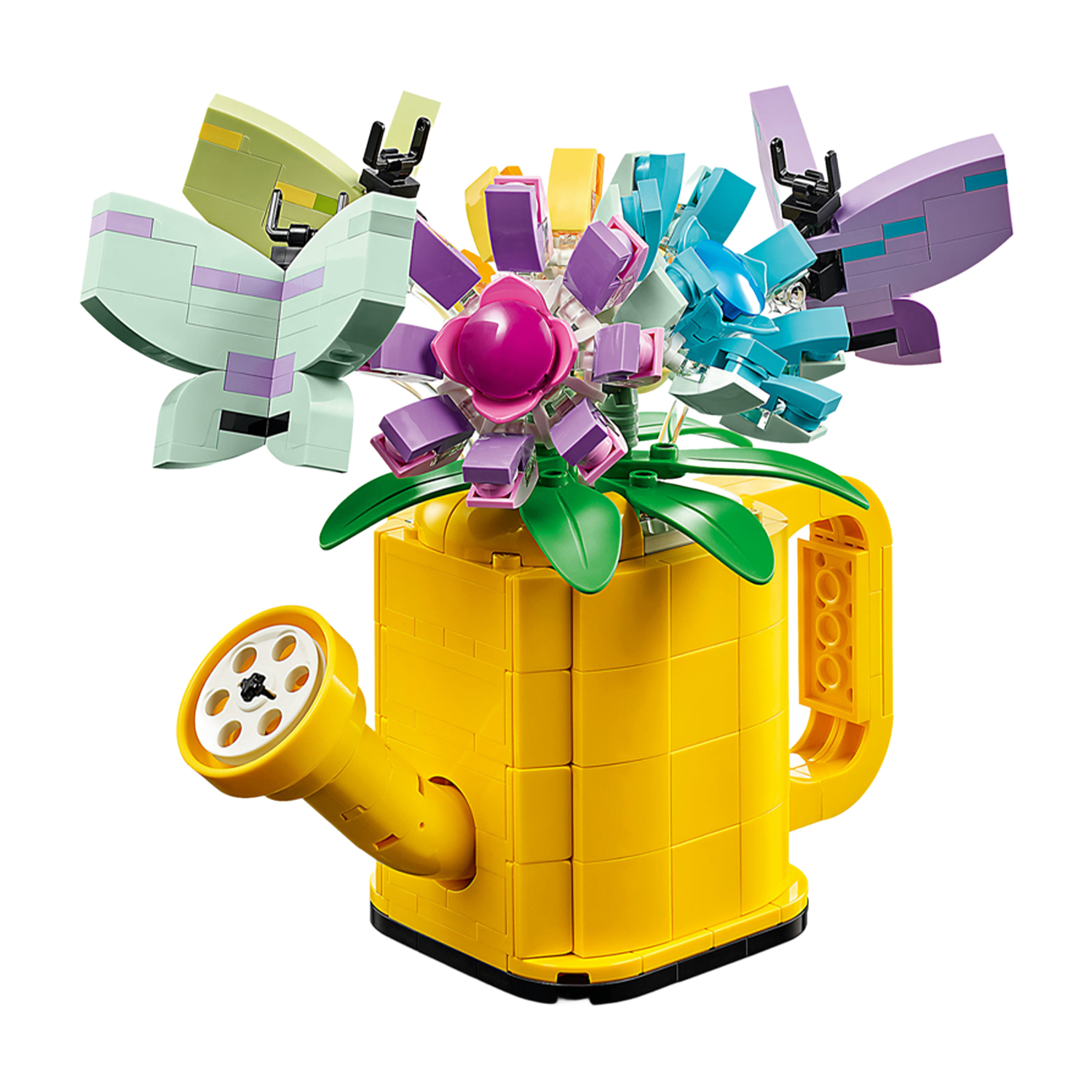 Set di fiori LEGO. Annaffiatoio giallo con fiori e farfalle fatti con mattoncini LEGO.