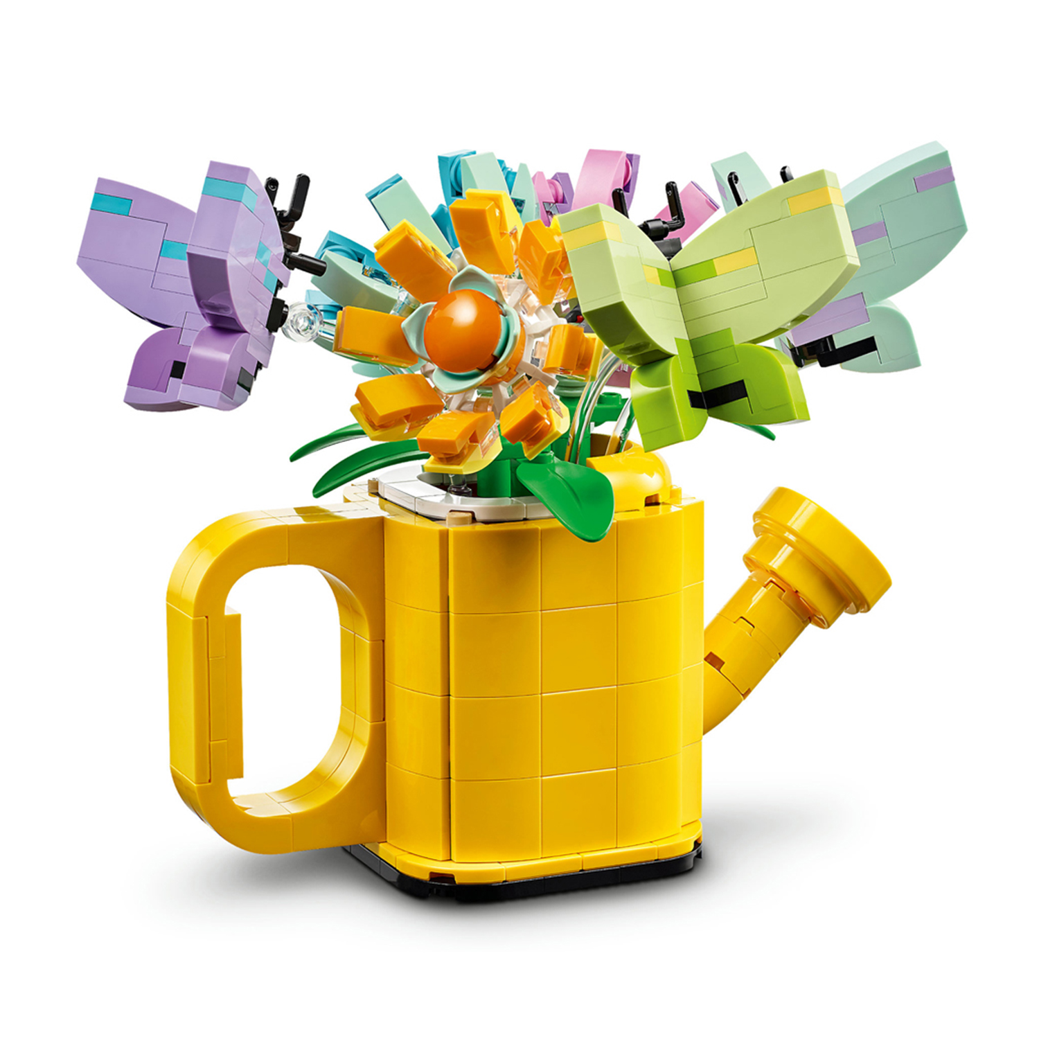 Un annaffiatoio Lego giallo con fiori e farfalle Lego.