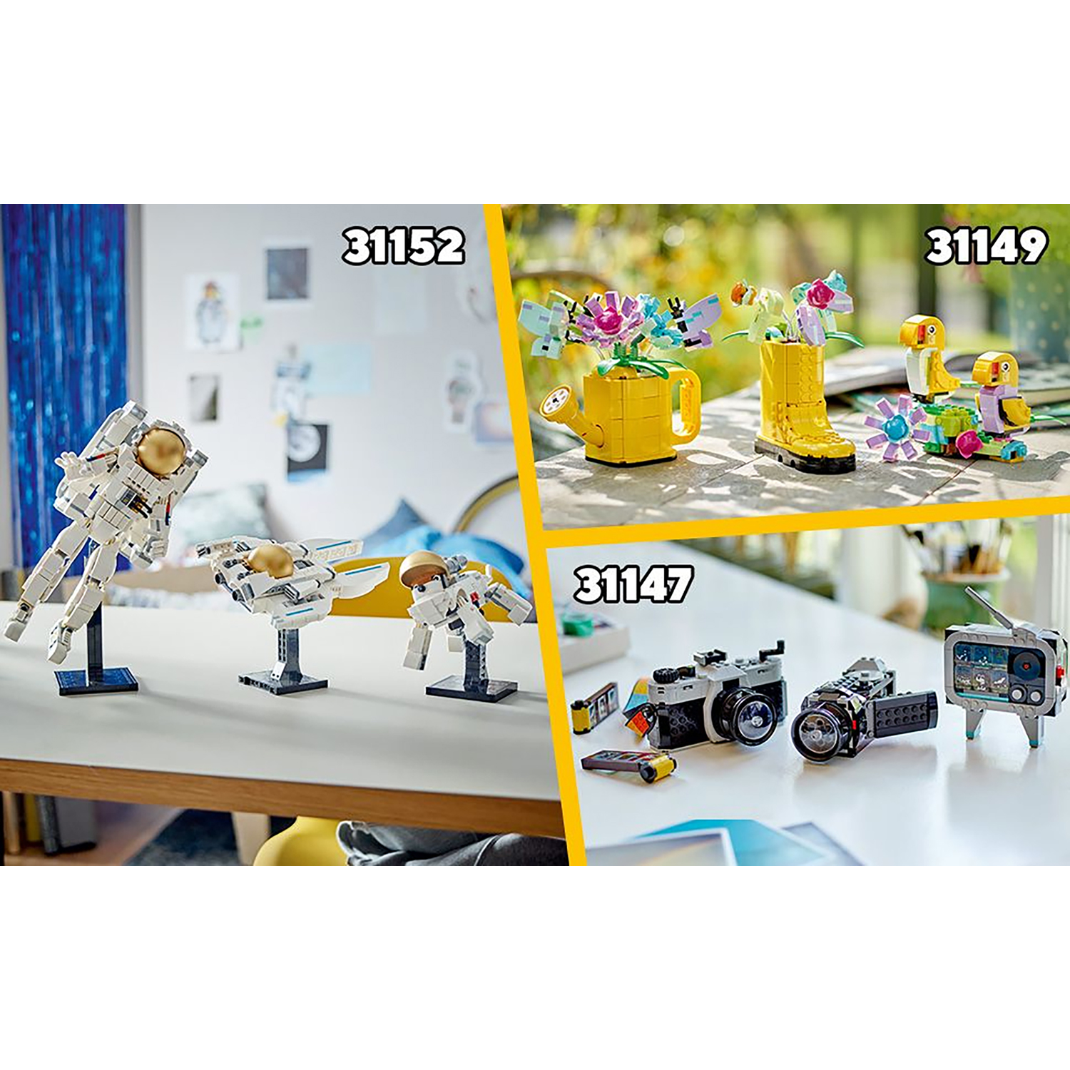 Vari set Lego: astronauta, navette spaziali, fotocamera, TV, fiori e uno stivale.