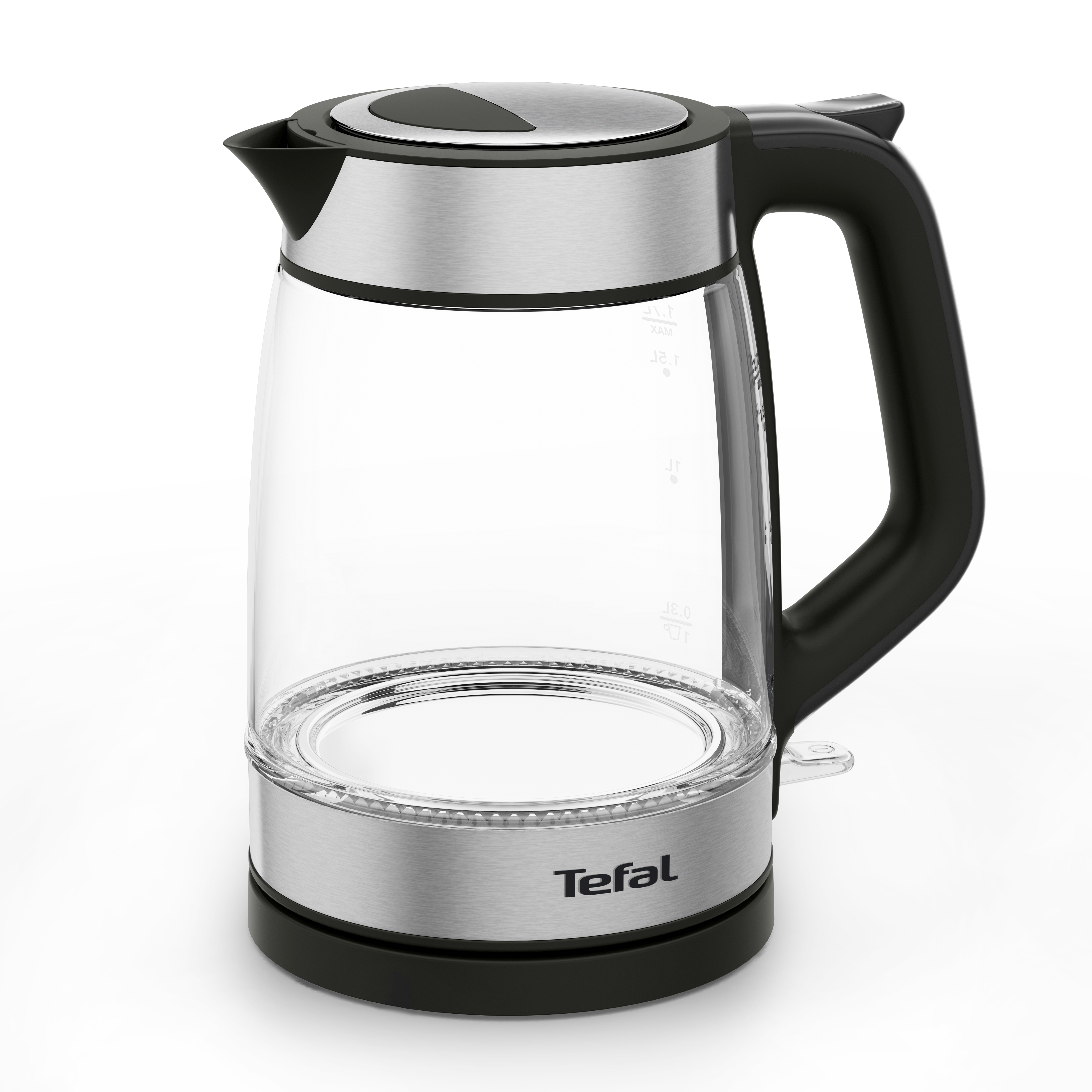 Gläserner Tefal Wasserkocher mit schwarzem Griff und Boden. Er steht auf einer weißen Oberfläche.