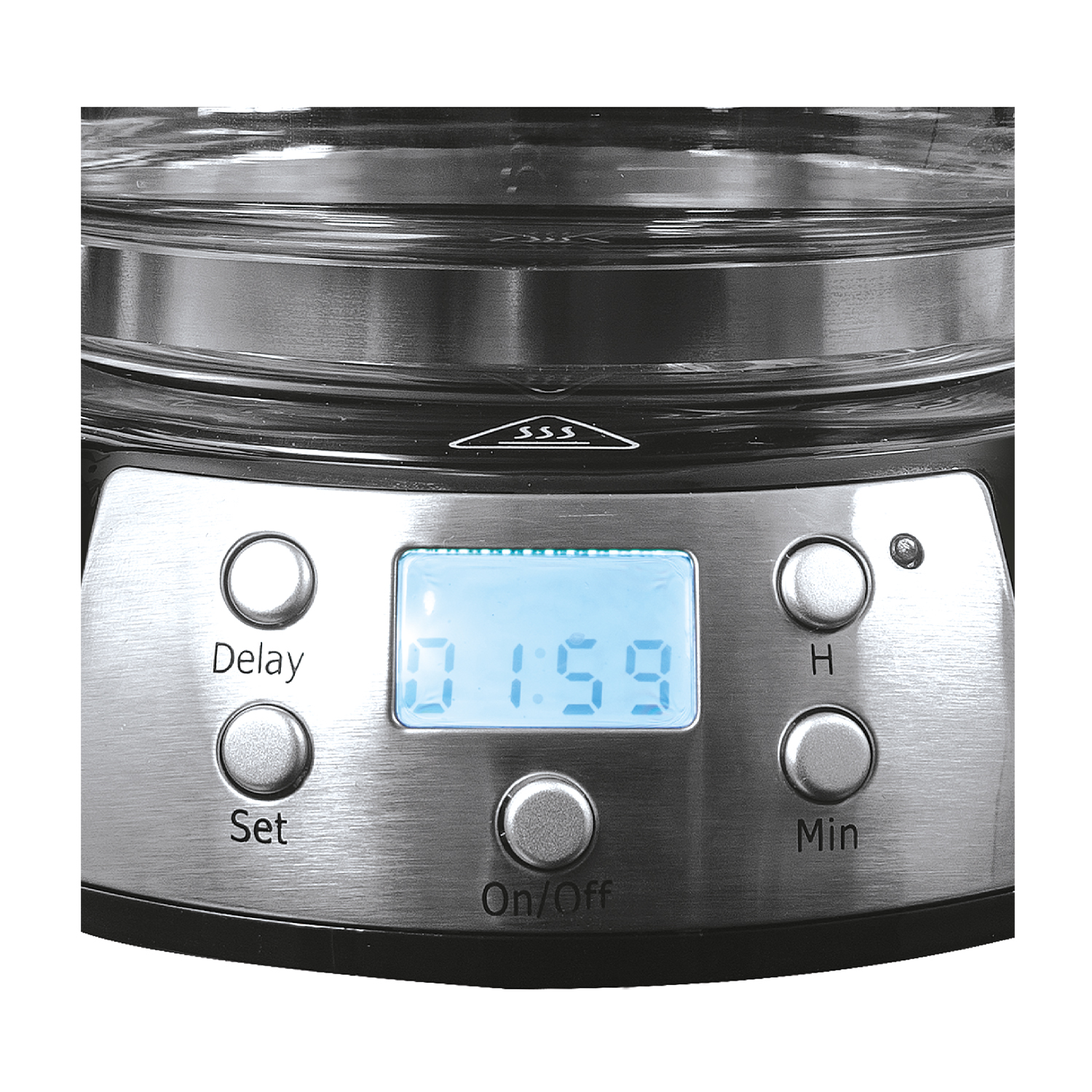 Primo piano del pannello di controllo di una macchina da caffè che mostra un display dell'orologio digitale.