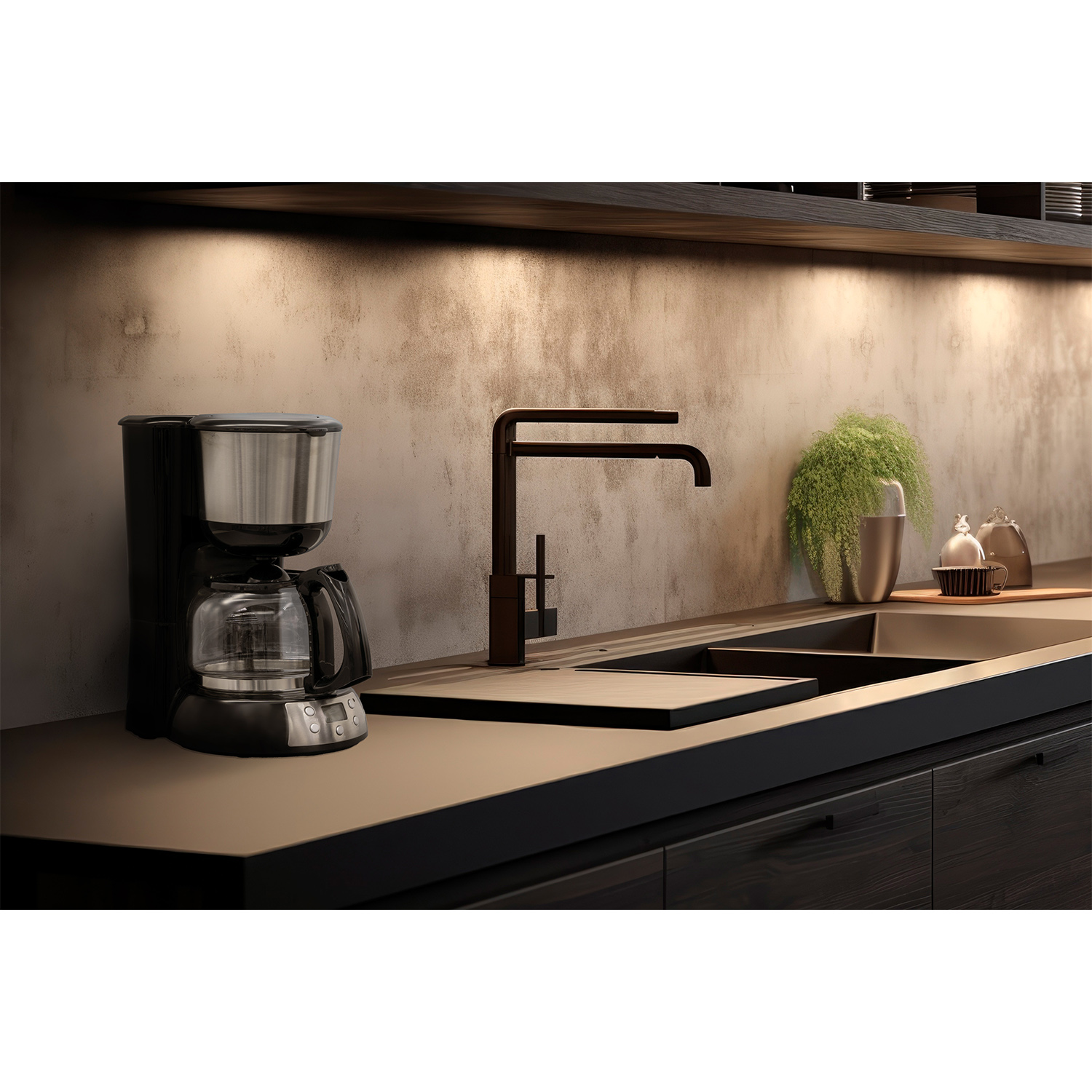 Scena di cucina con una caffettiera e un rubinetto. Banconi scuri e parete strutturata.