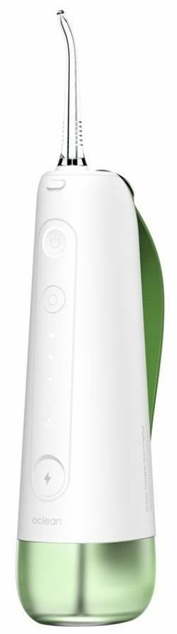 Biało-zielony irygator do zębów z długą wylewką i przyciskami. Posiada zielony pasek.