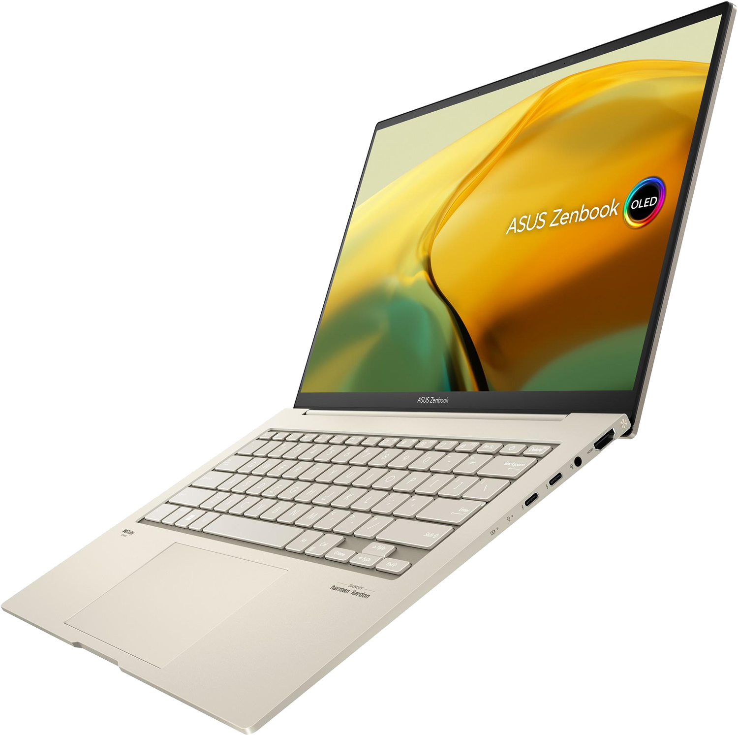 Bézs ASUS Zenbook laptop, OLED képernyő, fehér felületen nyitva. Szögfelvétel.