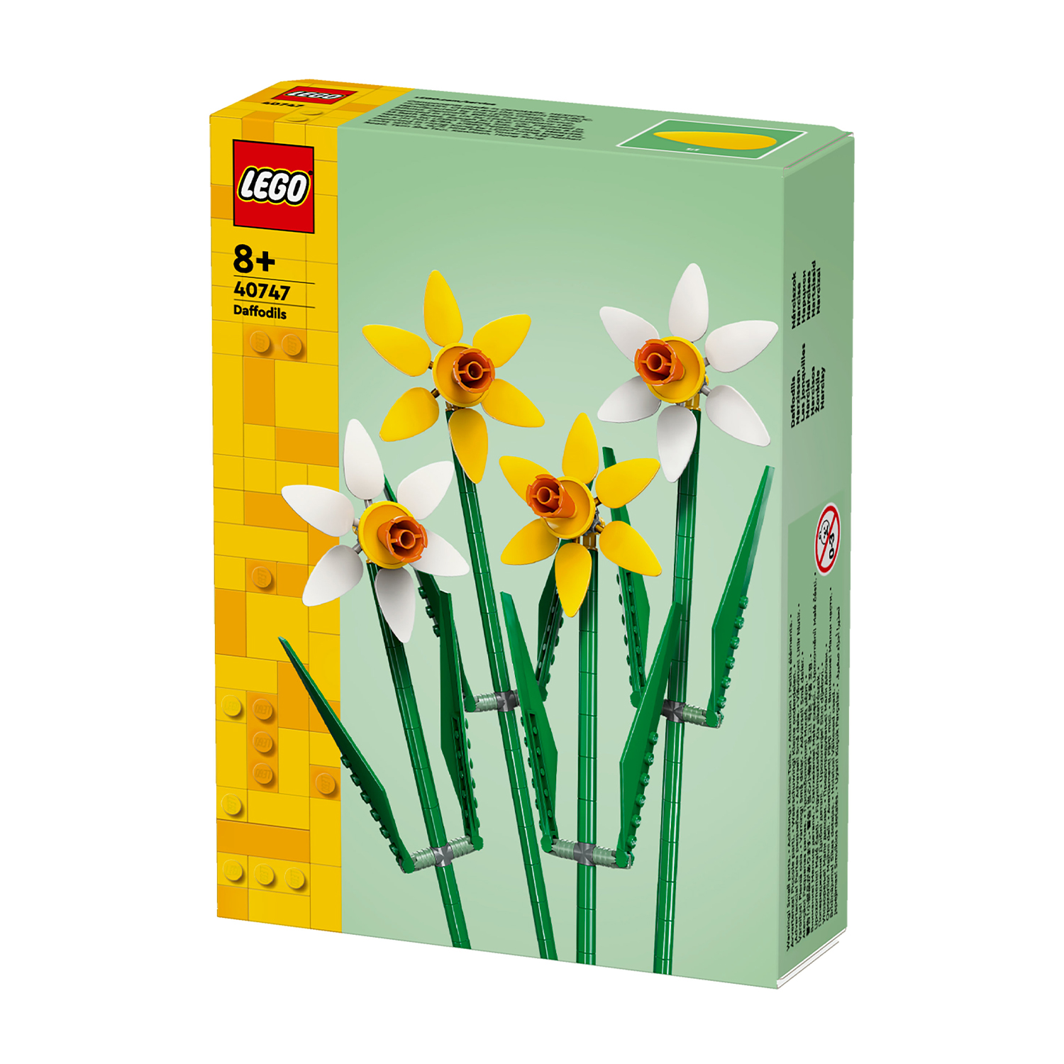 Set Lego con quattro modelli di narcisi. Fiori gialli e bianchi.