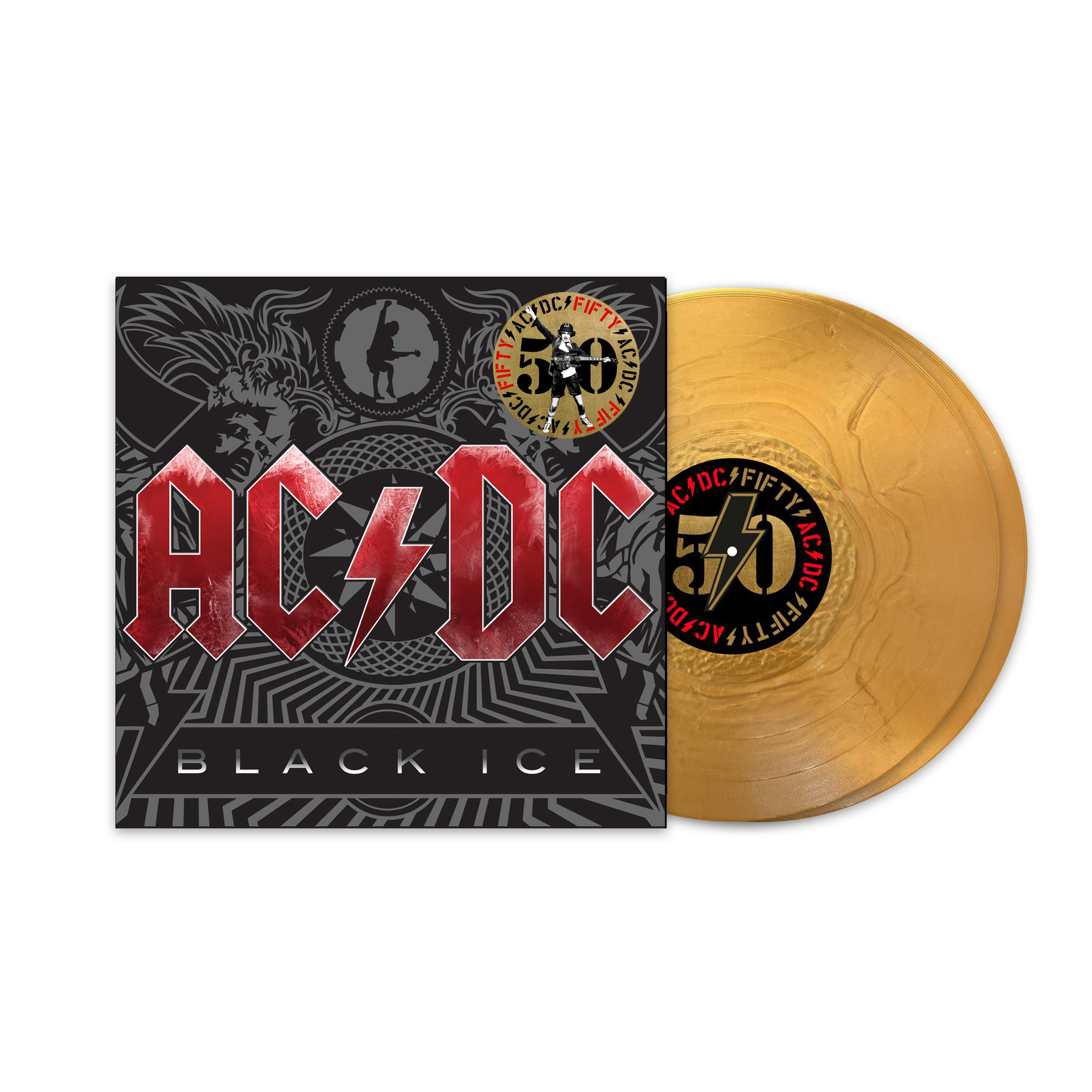 AC/DC Black Ice Albumcover und goldene Schallplatte.