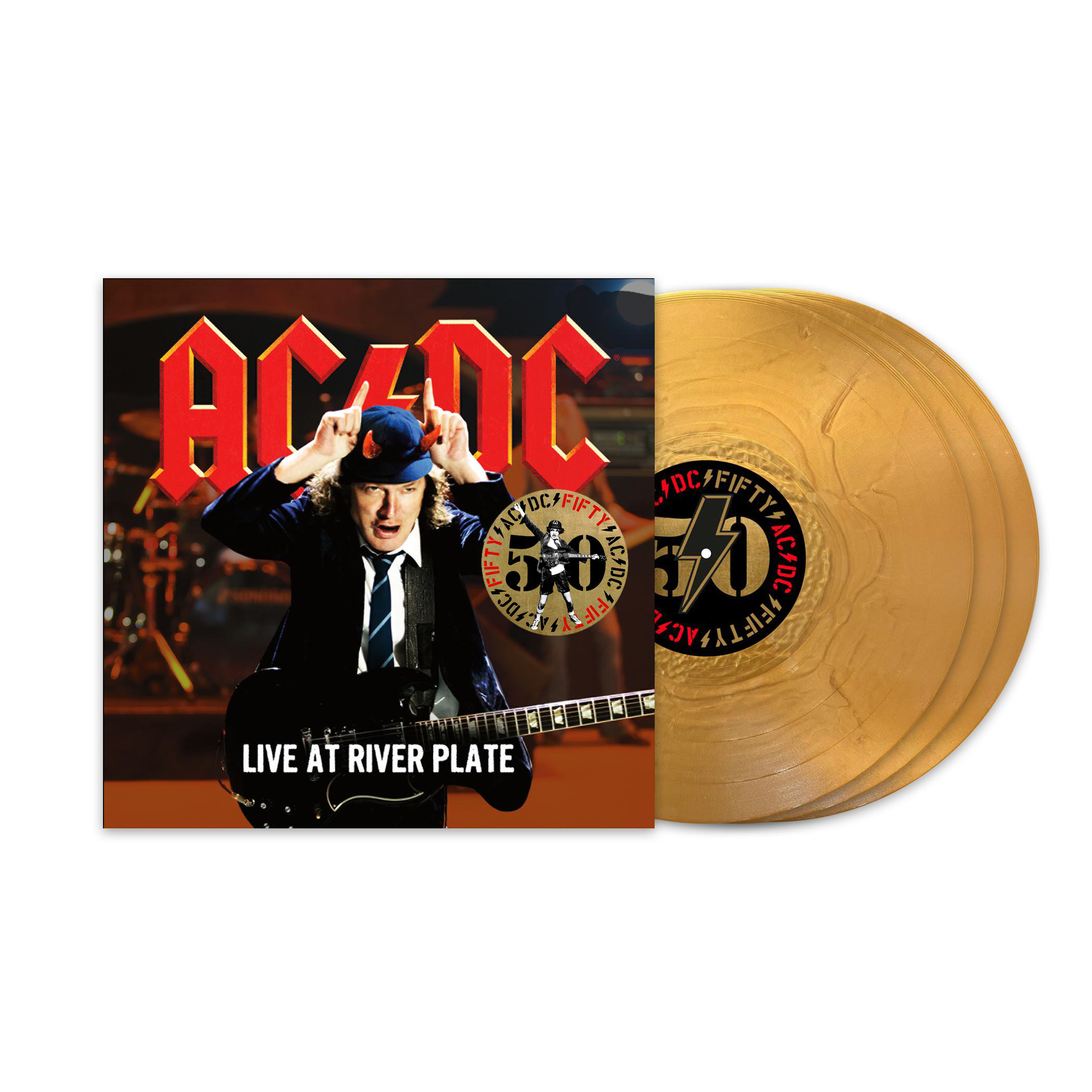Albumcover: AC/DC Live at River Plate. Mann spielt Gitarre. Zwei goldene Vinyls sind sichtbar.