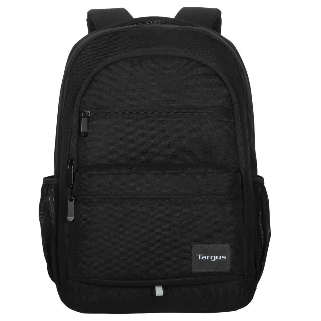 Mochila negra con múltiples bolsillos con cremallera y un logotipo de Targus.