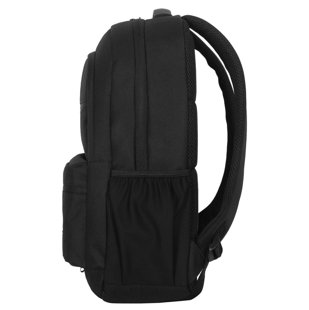 Mochila negra de perfil. Tiene múltiples compartimentos, correas curvas y un asa en la parte superior.