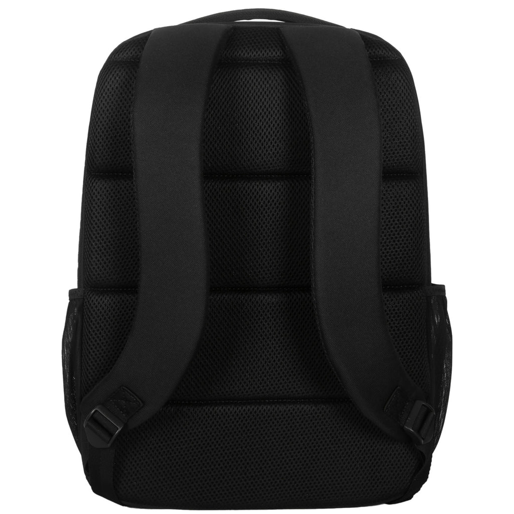 Mochila negra con bolsillos laterales de malla y correas. La parte trasera está a la vista.
