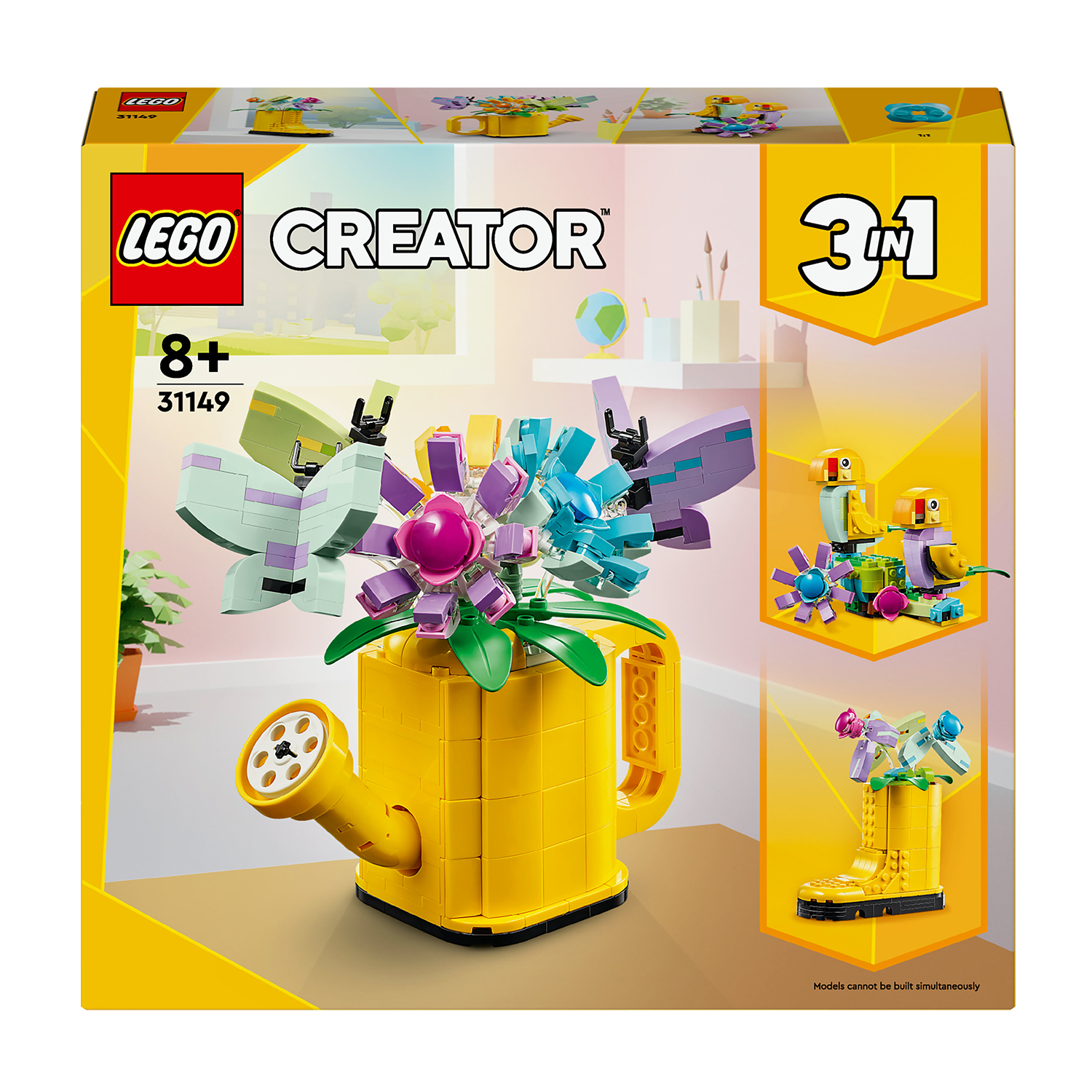 Una scatola Lego Creator con un annaffiatoio giallo e modelli di fiori con istruzioni.