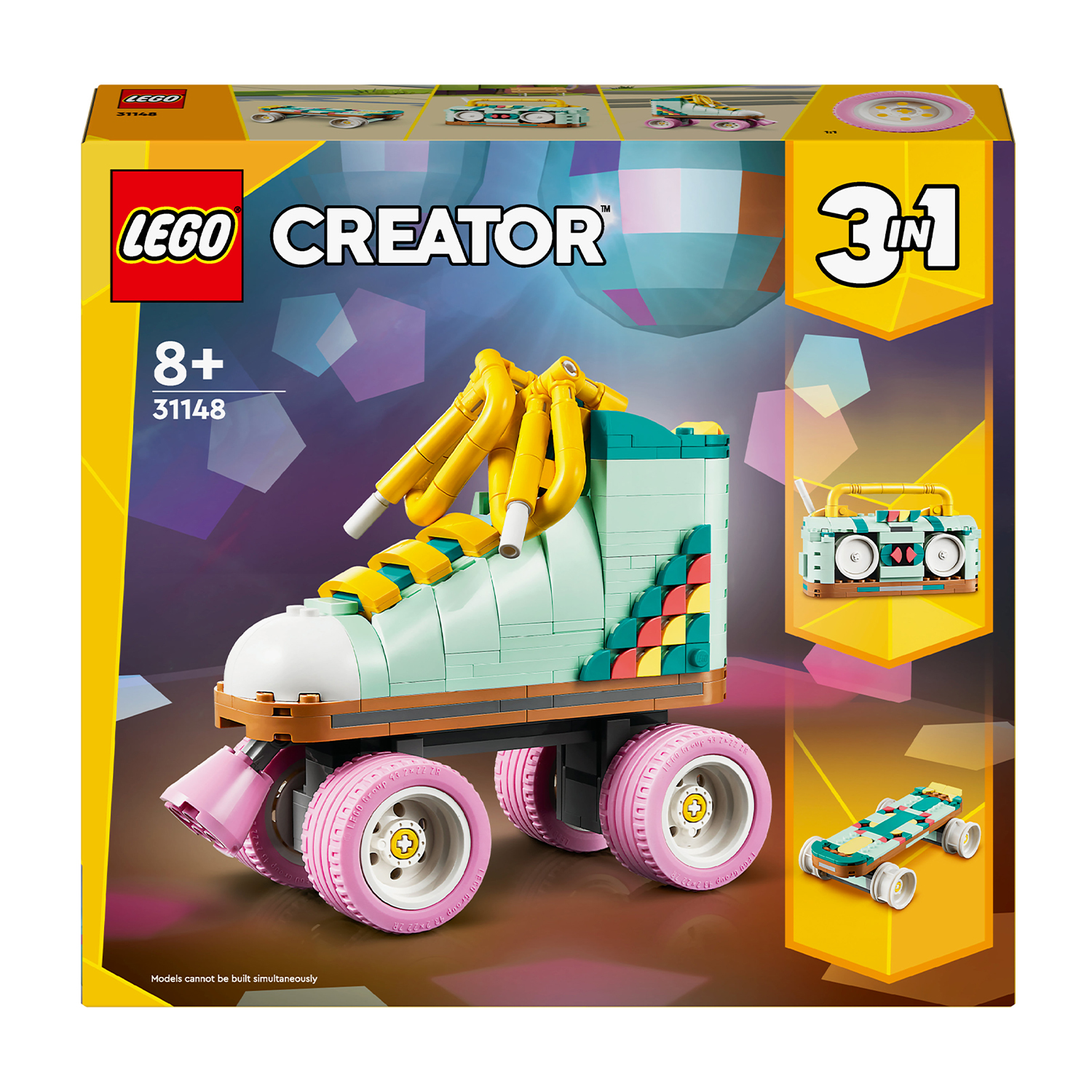 Scatola Lego Creator con modello di pattino e altri piccoli modelli esposti.
