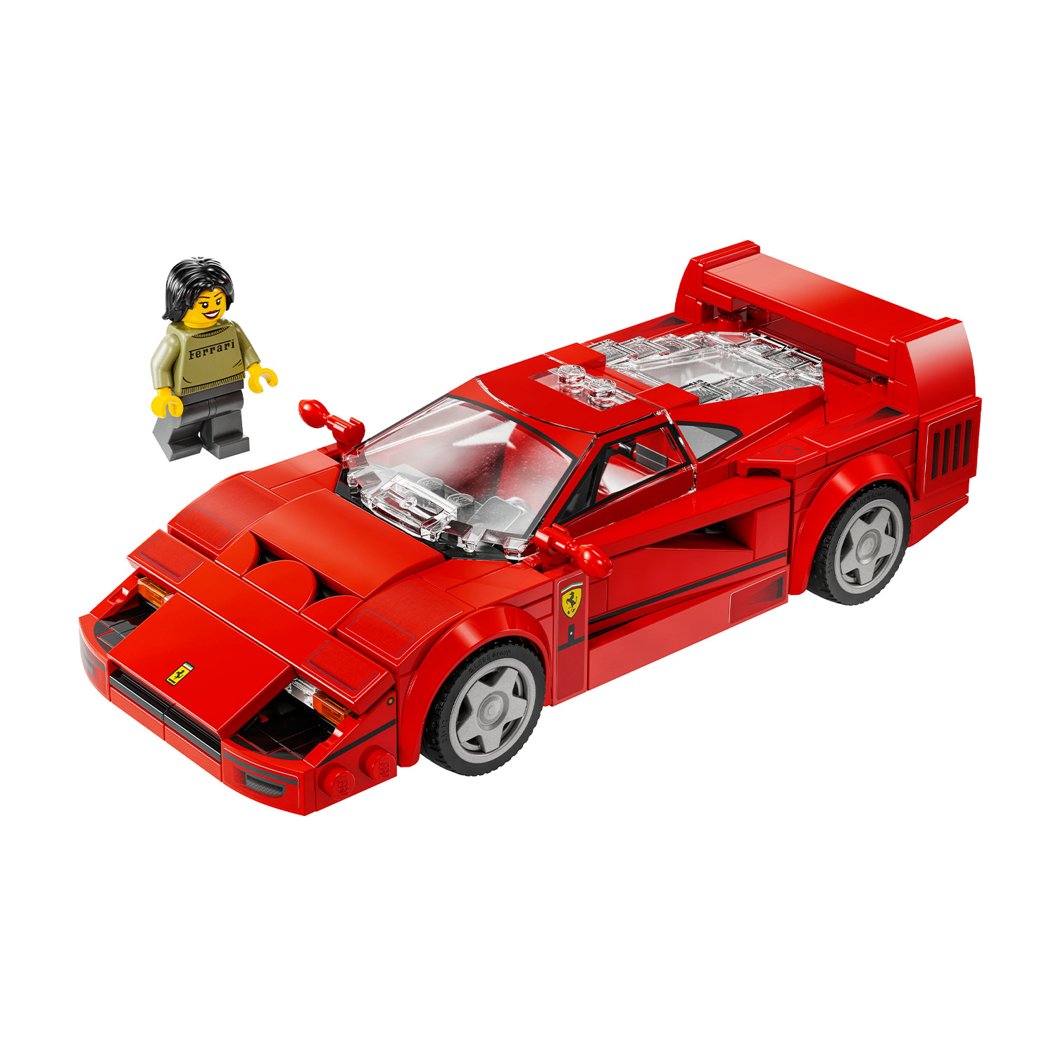 Ferrari F40 Lego rosso con una figura Lego di una persona accanto.