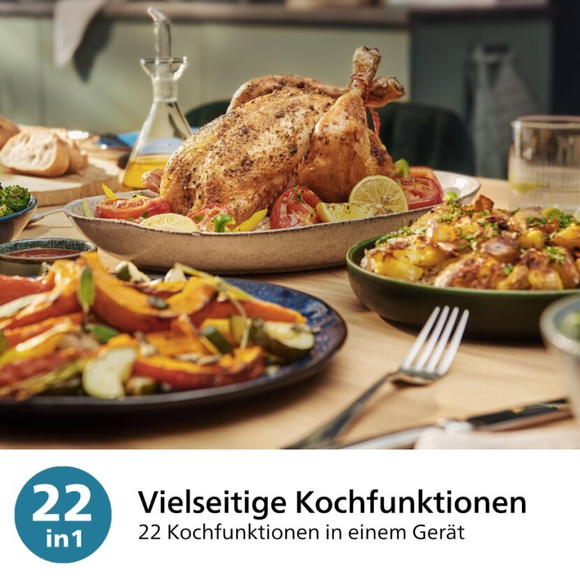 Un poulet rôti est servi dans une assiette. D'autres plats et ingrédients sont sur la table. Texte sur les fonctions de cuisson.