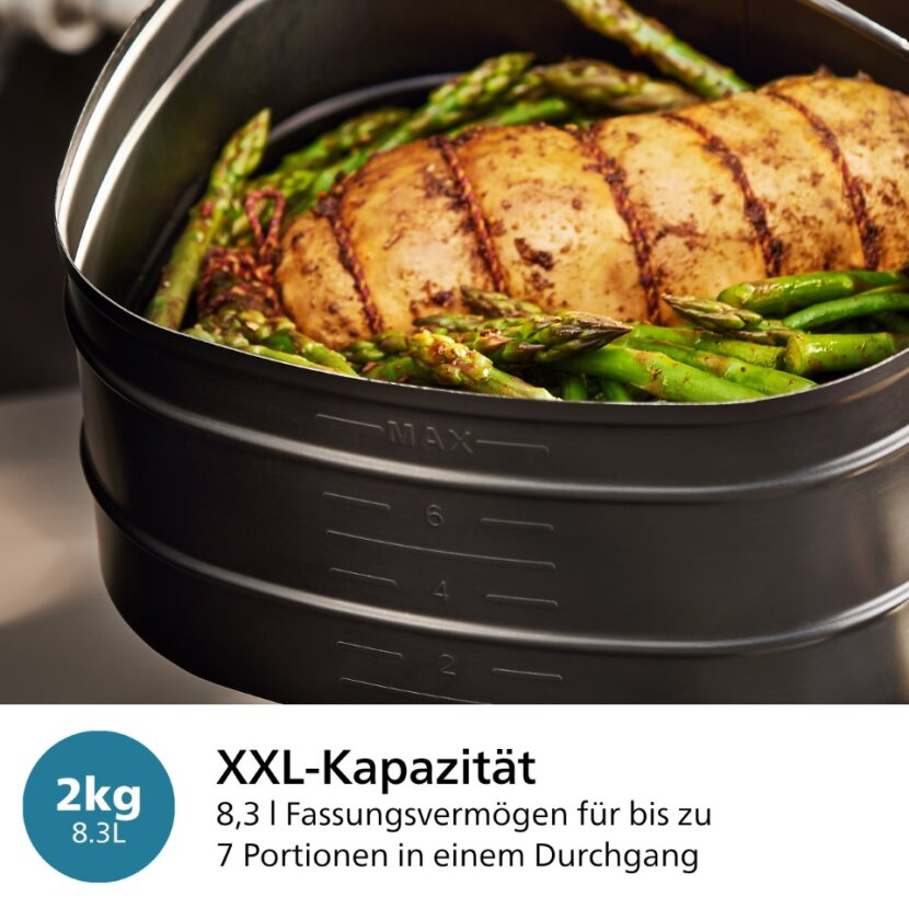 Un airfryer rempli de nourriture cuite, dont des asperges et un rôti. Texte : "XXL-Kapazität".