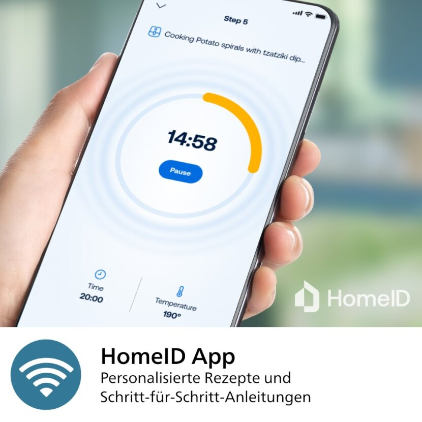 Interface d'application pour smartphone affichant une minuterie de cuisine à 14h58. L'application est HomeID.
