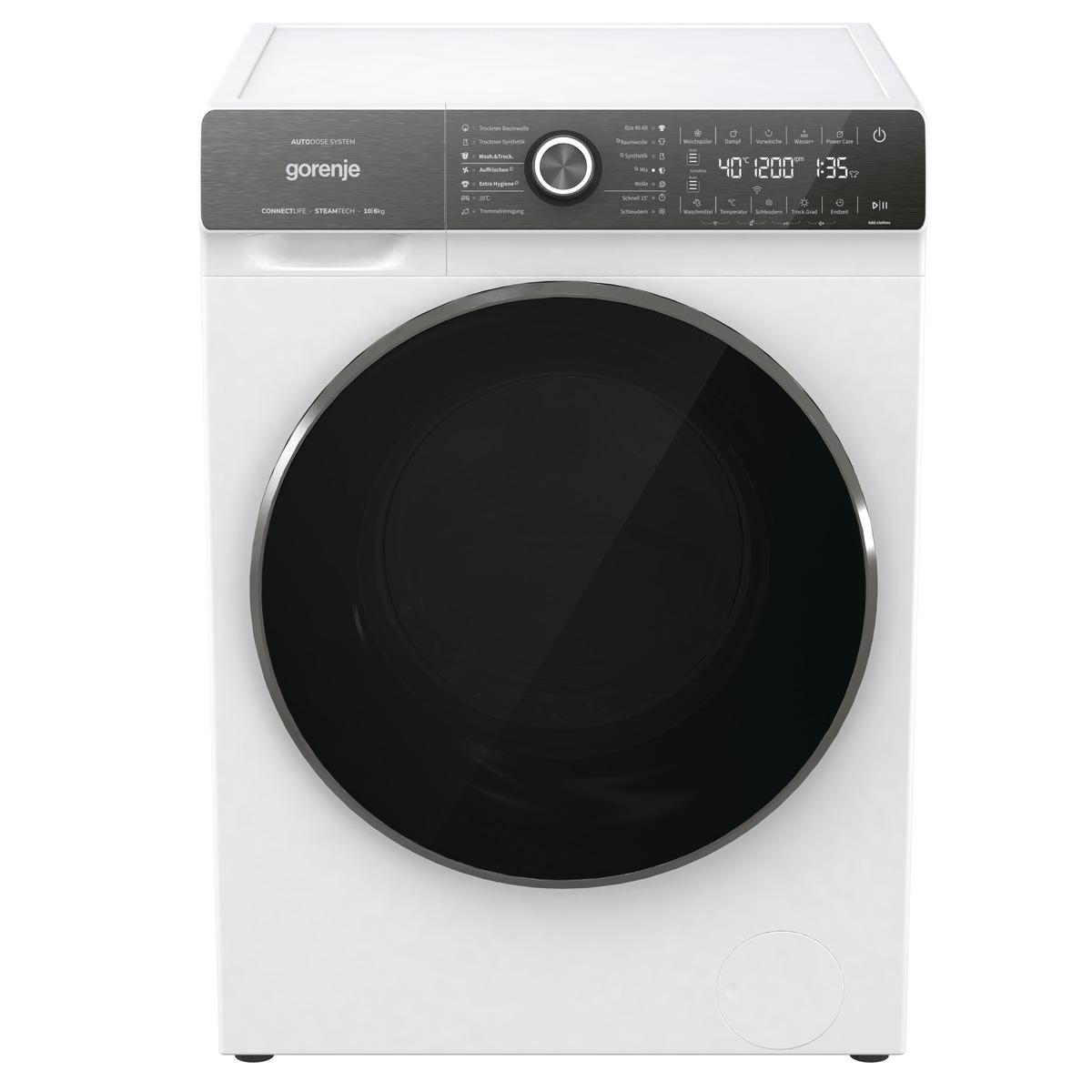 Eine weiße Gorenje Waschmaschine mit schwarzer Tür.