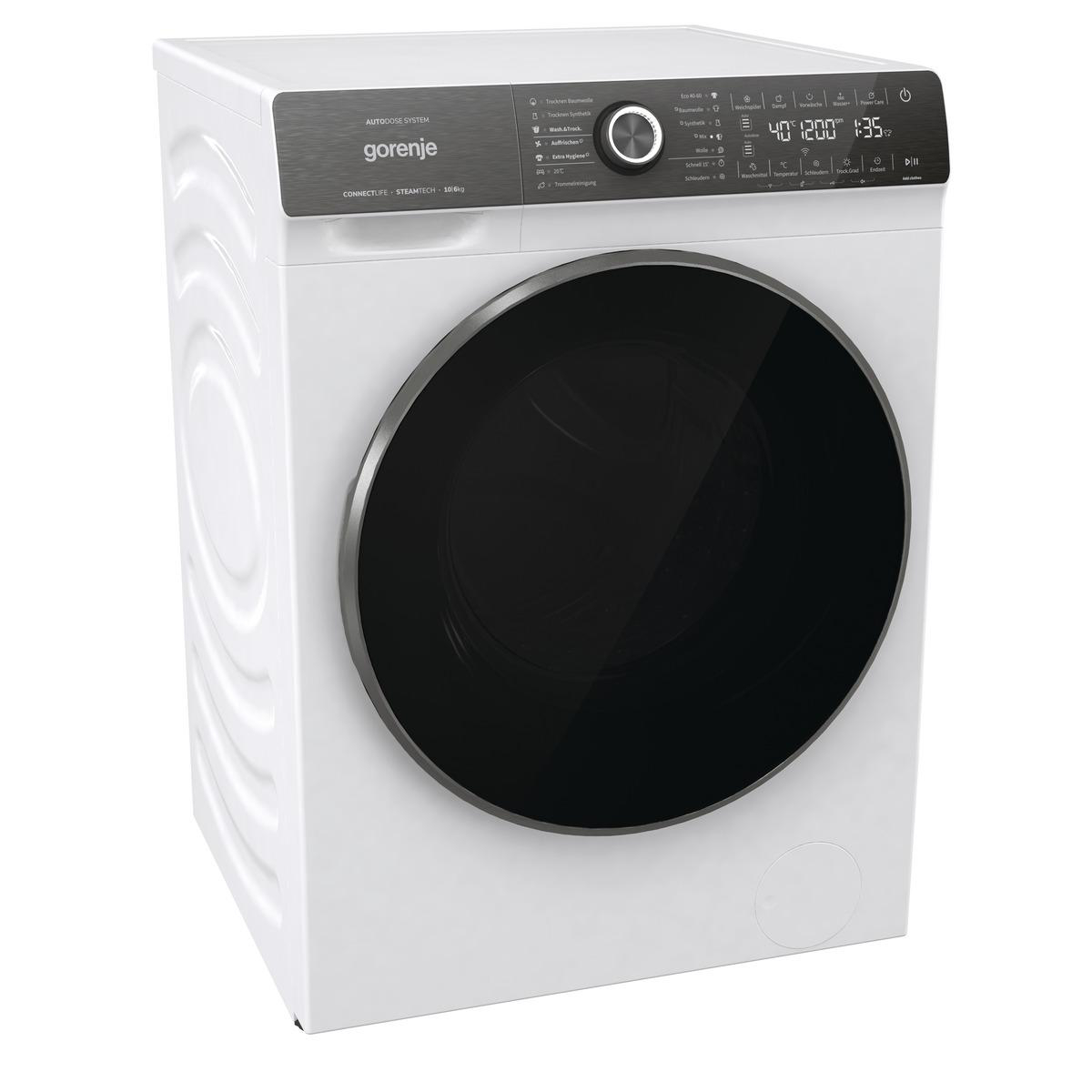 Eine weiße Waschmaschine, Marke Gorenje, mit schwarzer Tür. Das Bedienfeld befindet sich oben.