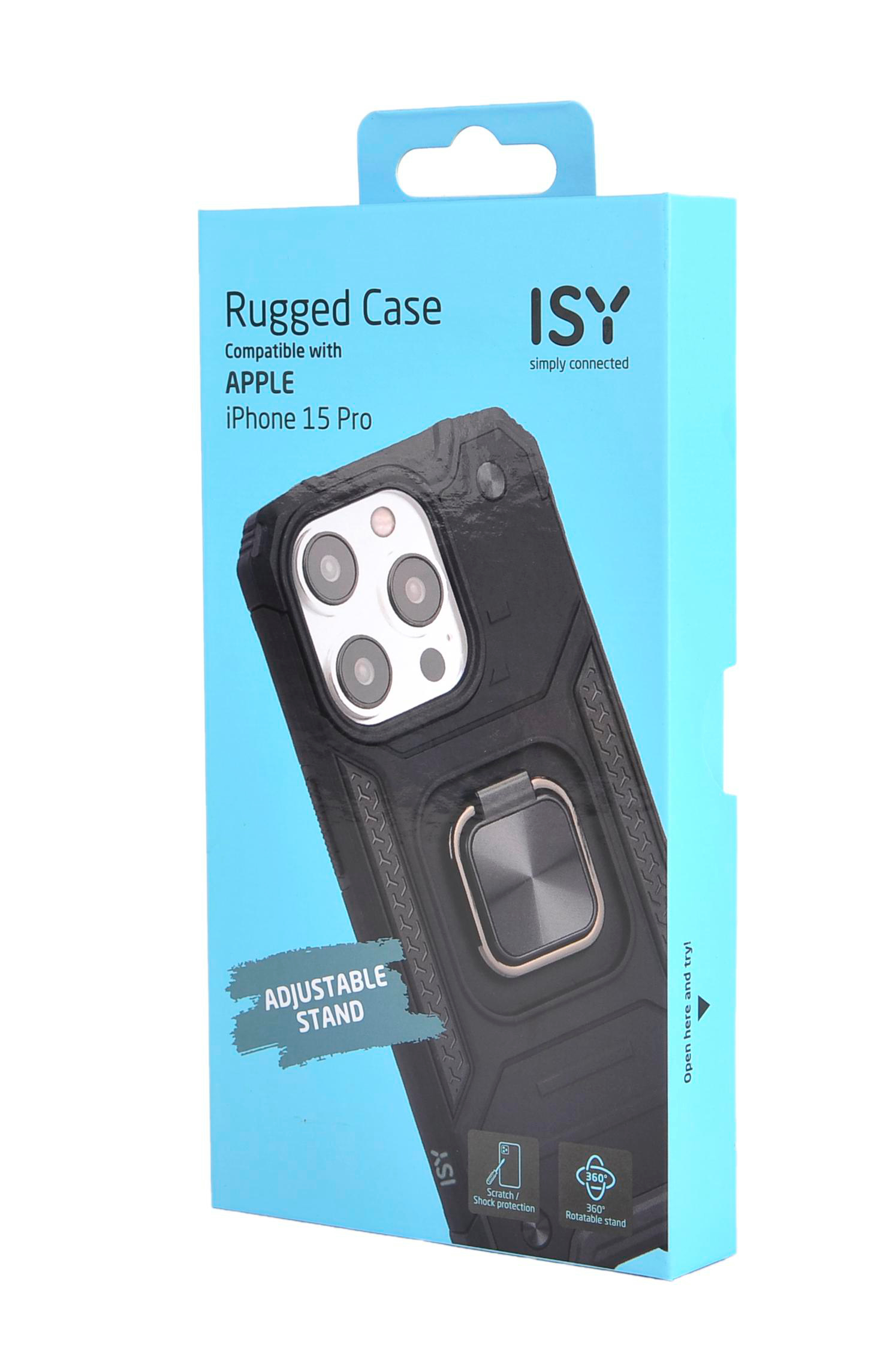 Handyhüllenverpackung. Schwarze Handyhülle mit Ringständer auf blauem Hintergrund.