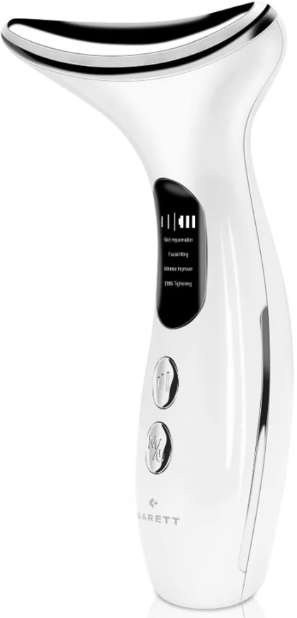 Białe, przenośne urządzenie do pielęgnacji skóry ze srebrną głowicą i małym ekranem LCD z ustawieniami.