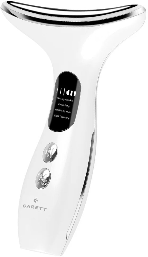 Biały masażer do twarzy z zakrzywioną głowicą i dwoma przyciskami. Posiada ekran LCD z opcjami zabiegów.