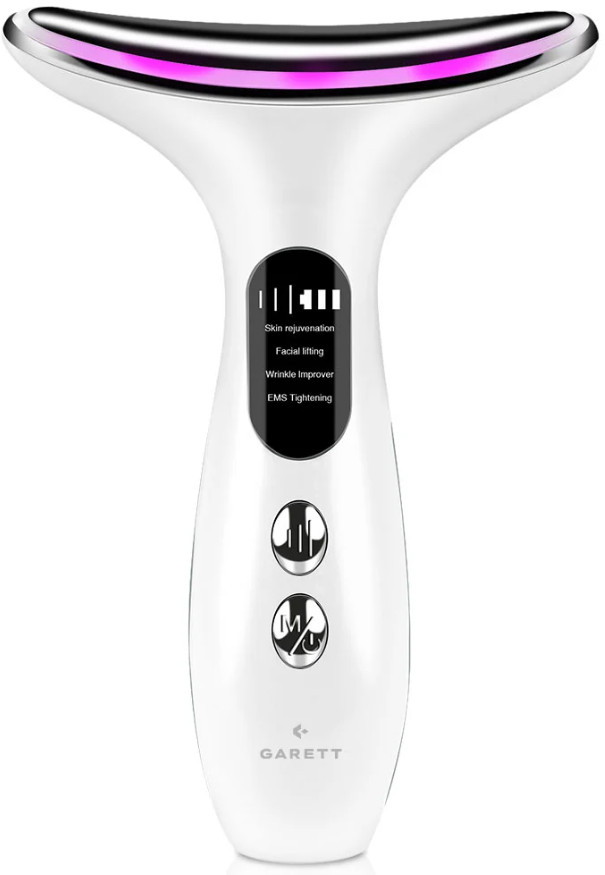 Biały masażer do twarzy i szyi. Ma czarny ekran i dwa przyciski.