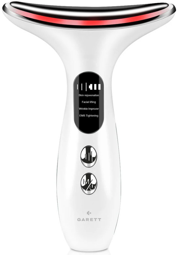 Biały masażer twarzy i szyi z czerwonym światłem i wyświetlaczem cyfrowym.