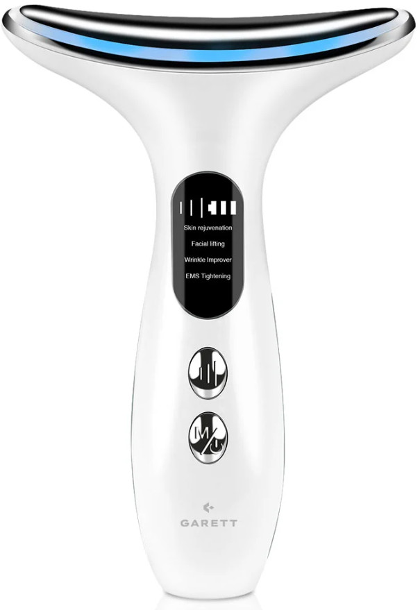 Biały masażer do twarzy w kształcie litery T. Ma niebieskie światło na górze, przyciski sterowania i ekran.