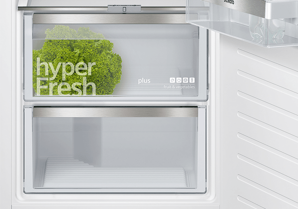Şeffaf buzdolabı çekmecesinde yeşil marul. Hyper Fresh etiketi.