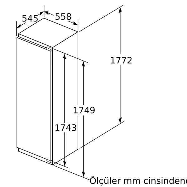 545x558x1772 mm boyutlarında bir buzdolabının teknik çizimi.