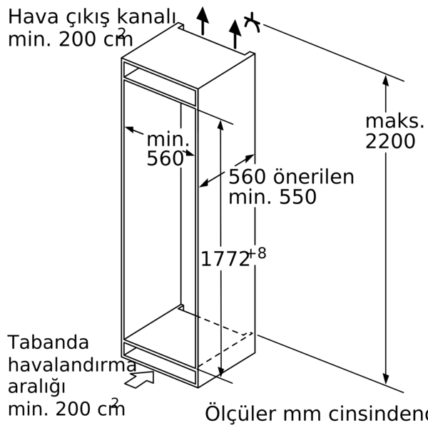 Boyutlar ve havalandırma detayları olan bir dolabın teknik çizimi.