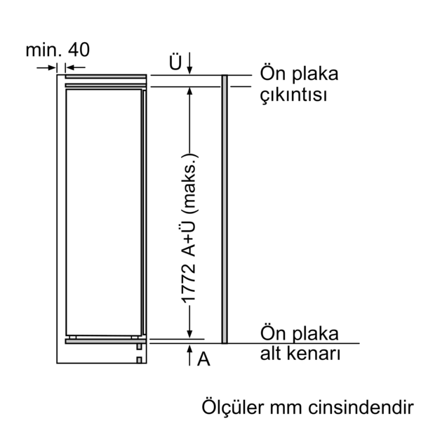 Cihazın mm cinsinden ölçüler ve etiketlerle teknik çizimi.