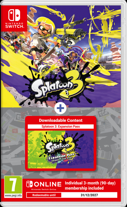 Pudełko gry Splatoon 3 z DLC i logo Nintendo Switch. Postacie w akcji. Tło z żółtymi plamami atramentu.