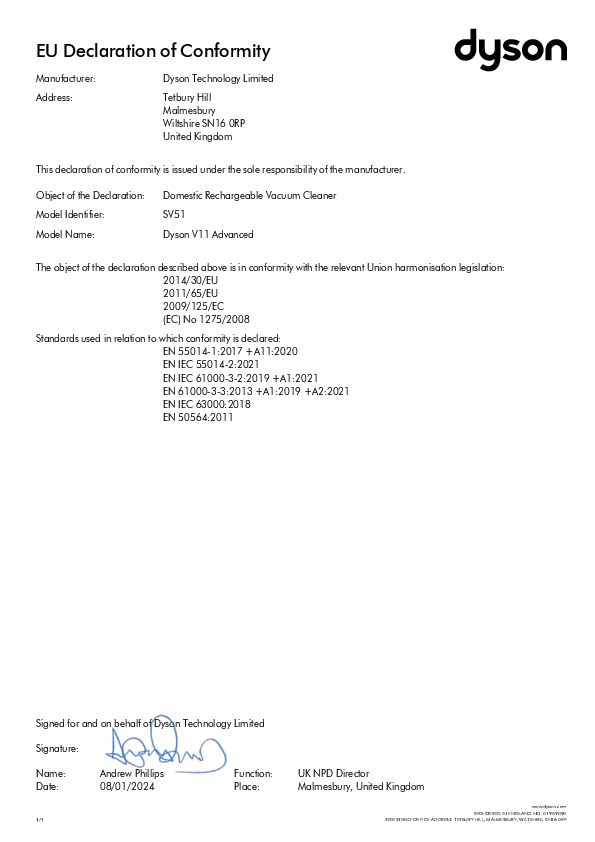 EU-Konformitätserklärung von Dyson. Enthält Herstellerinformationen, Modelldetails und regulatorische Standards.