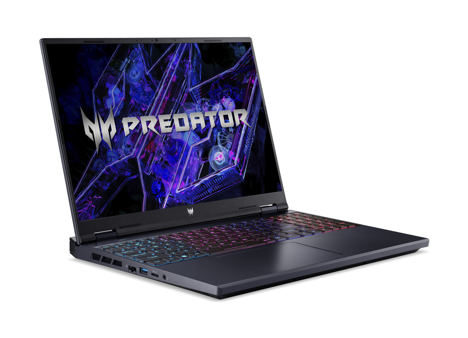 Un portátil Predator, abierto, mostrando pantalla con logo y teclado. Fondo negro.