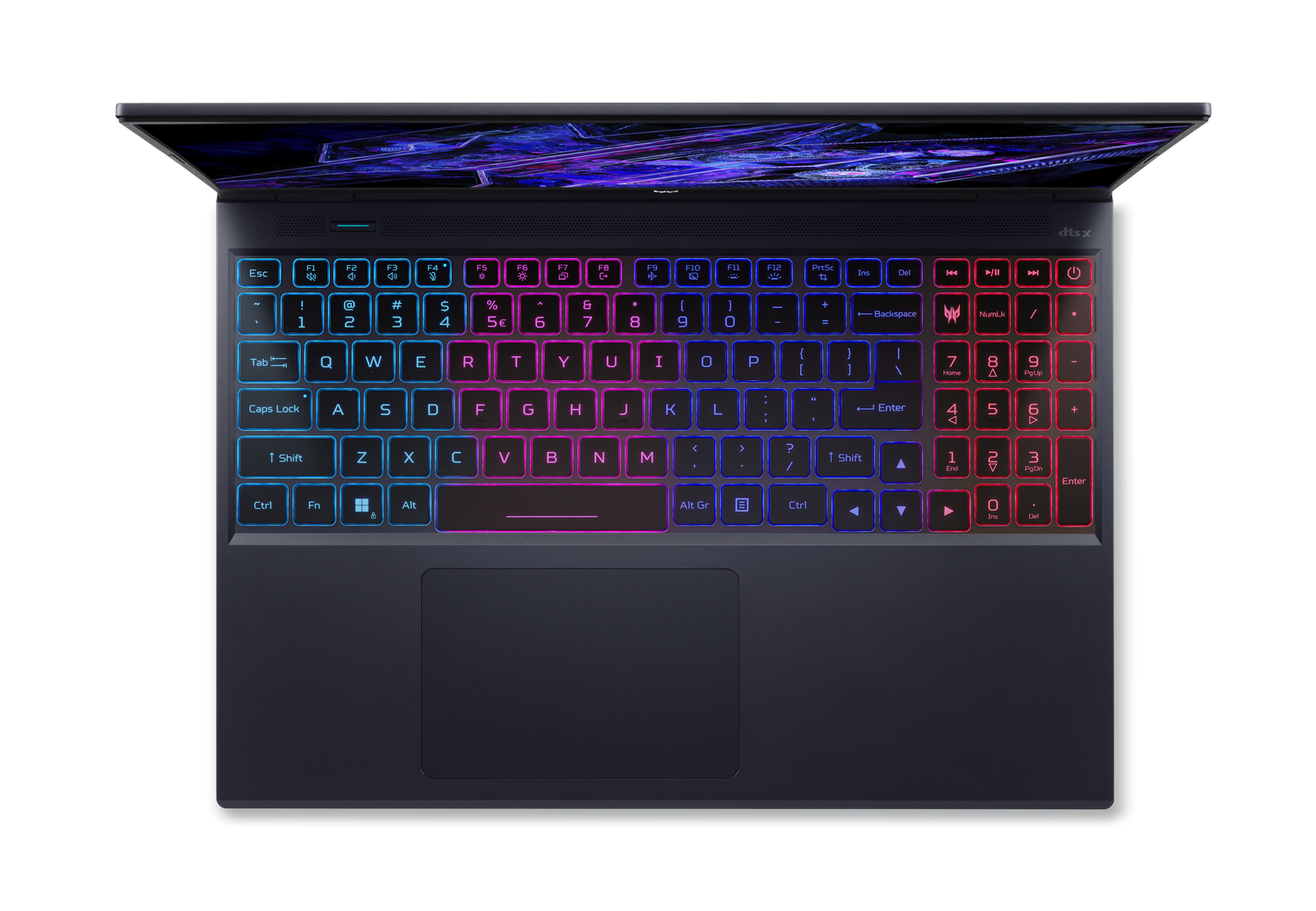 Teclado de portátil, iluminado con varios colores. Portátil negro sobre fondo negro.