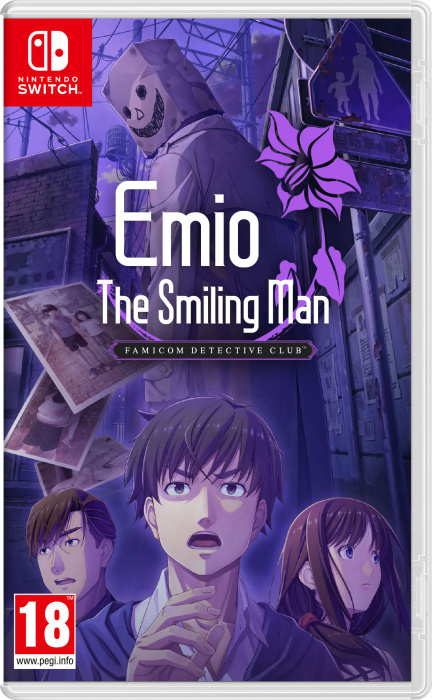 Etui na grę Nintendo Switch: Emio The Smiling Man. Zawiera postacie w stylu anime i scenę uliczną.