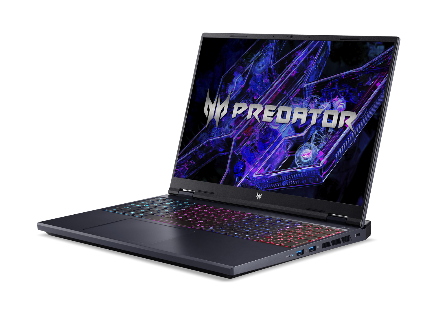 Portátil gaming abierto, la pantalla muestra el logo Predator. Teclado iluminado. Fondo negro.