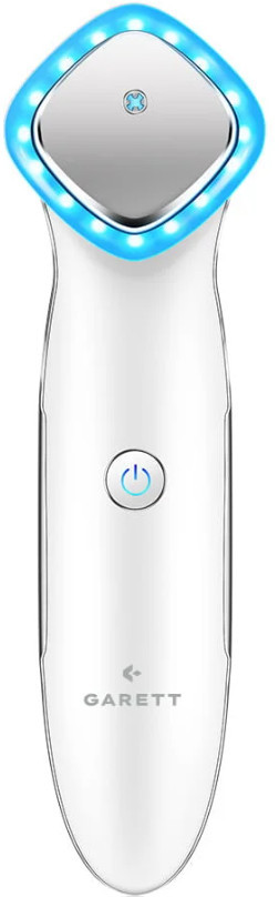 Białe urządzenie kosmetyczne z niebieskimi światłami LED.