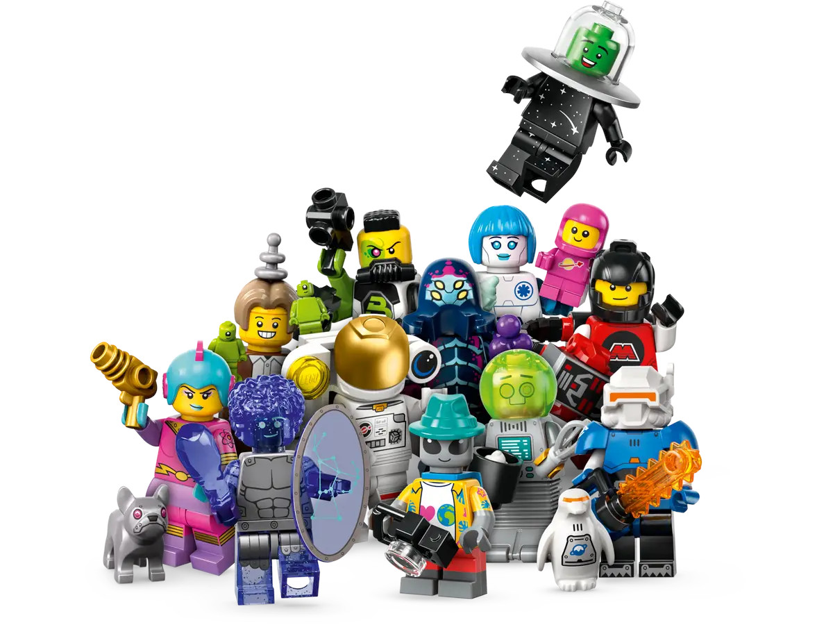 Grupa figurek Lego z motywem kosmicznym. Są różne kosmitów, astronautów i robotów w różnych kolorach i stylach.