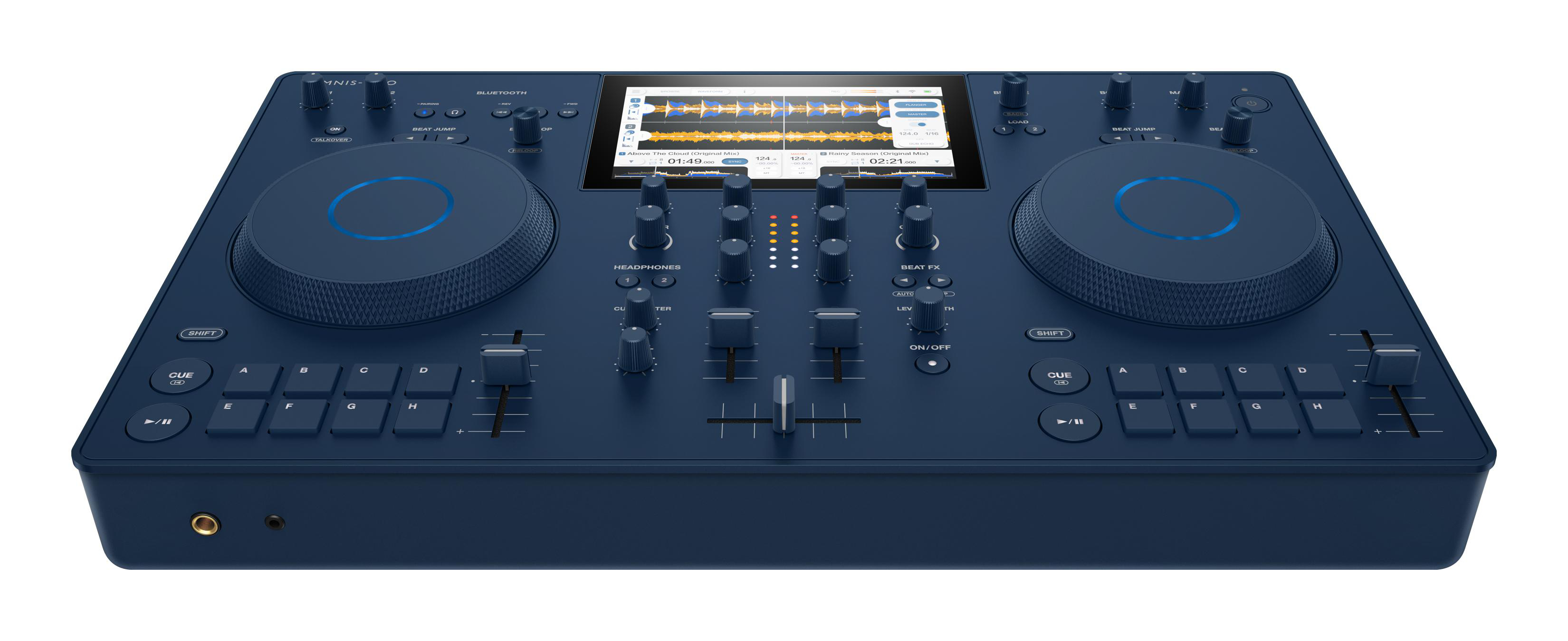 Blauer DJ-Controller mit zwei Jogwheels und einem Bildschirm. Viele Knöpfe und Regler sichtbar.
