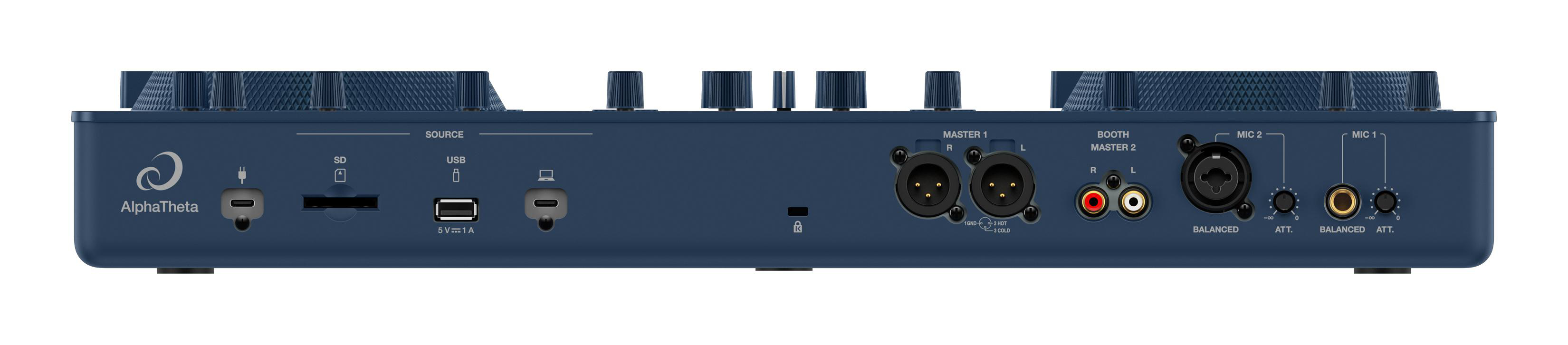 DJ-Mixer-Rückwand, blau-grau. Mehrere Anschlüsse und Verbindungen sichtbar.
